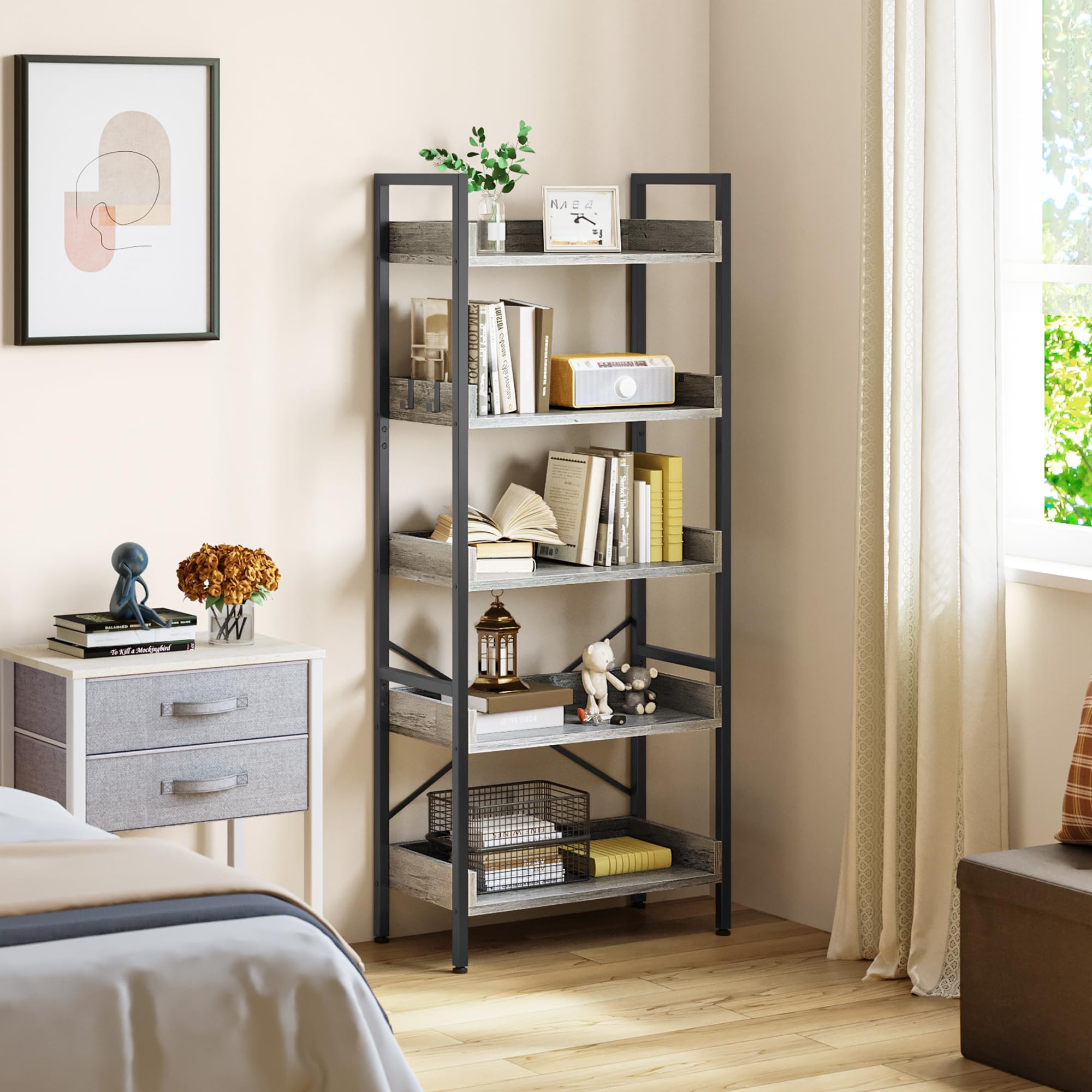 YITAHOME Estantería de 5 Niveles, Librería de pie para Libros, Estante de Madera y Marco de Acero Estable, con 4 Ganchos, Estante de Almacenamiento Industrial para Sala de Estar, Gris