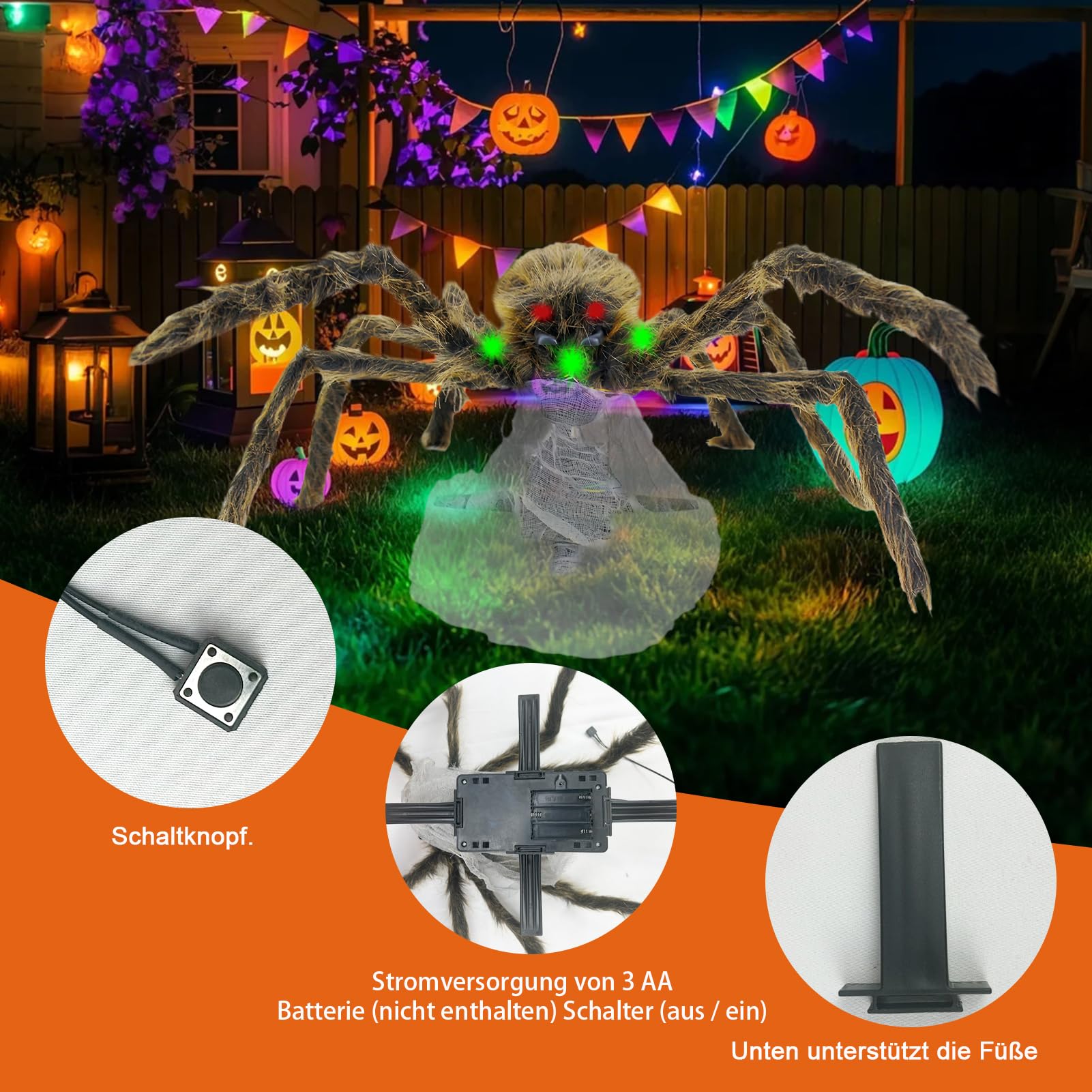 Halloween Deko Outdoor Spinne,Hüpfende Schreiende Spinne mit LED Augen für Außen Innen, Party Garten, Spukhäuser Deko