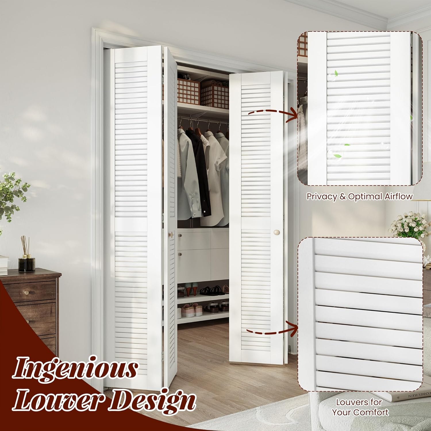 SMARTSTANDARD 60x80 Inch Louvered Bifold Closet Door, Pre-Assembled Folding Doors with Complete Hardware Kit, Easy Installation for Bedroom & Pantry, White MDF PVC Surface