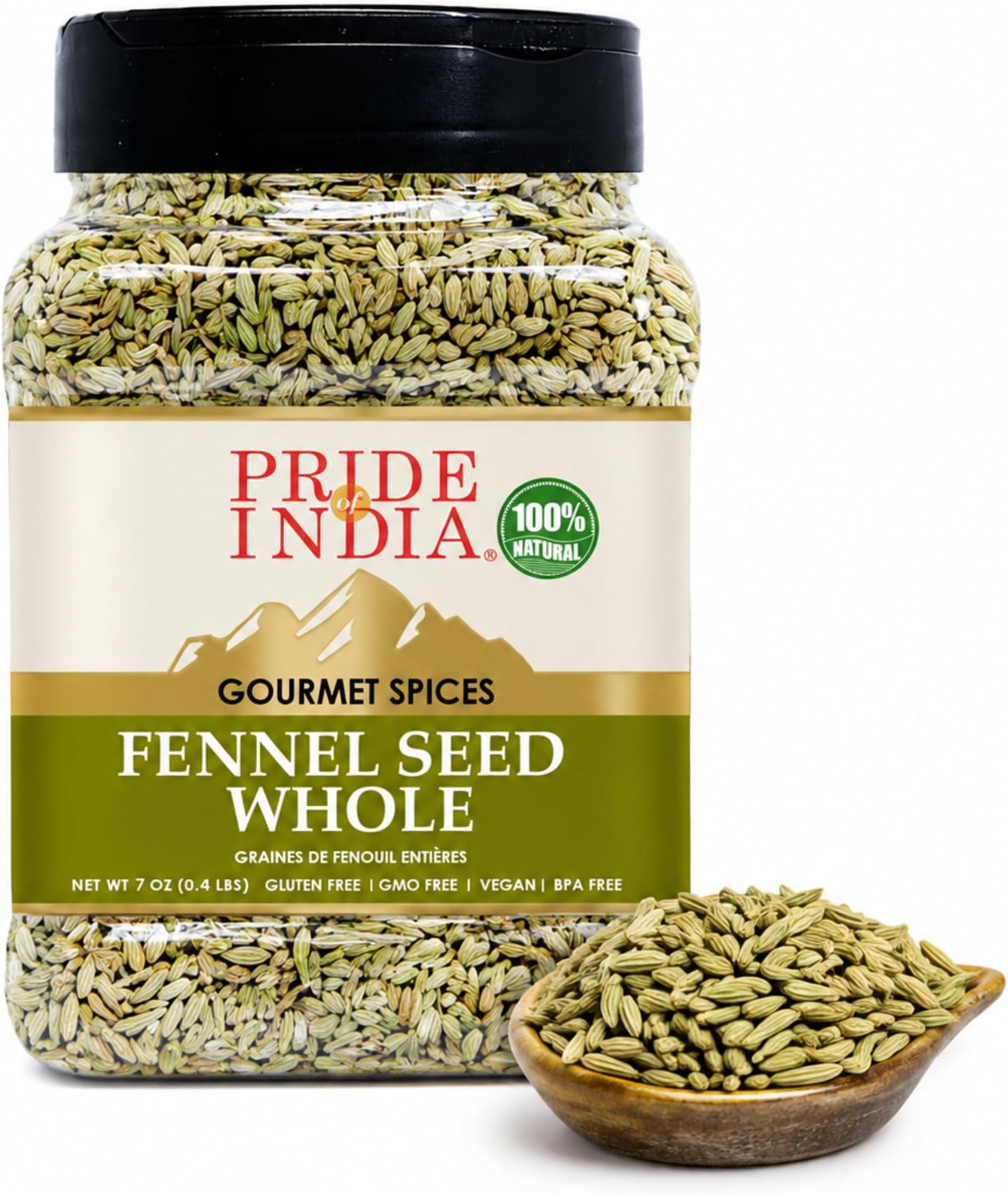 Pride Of India Whole Fennel Seeds, 7 oz | Mildly Sweet Anise-Like Aromatic Spice for Tea, Tomato Sauce, Curry, Baking, Sausage, Seafood, Vegetables & Rice | Reusable Dual-Opening Jar