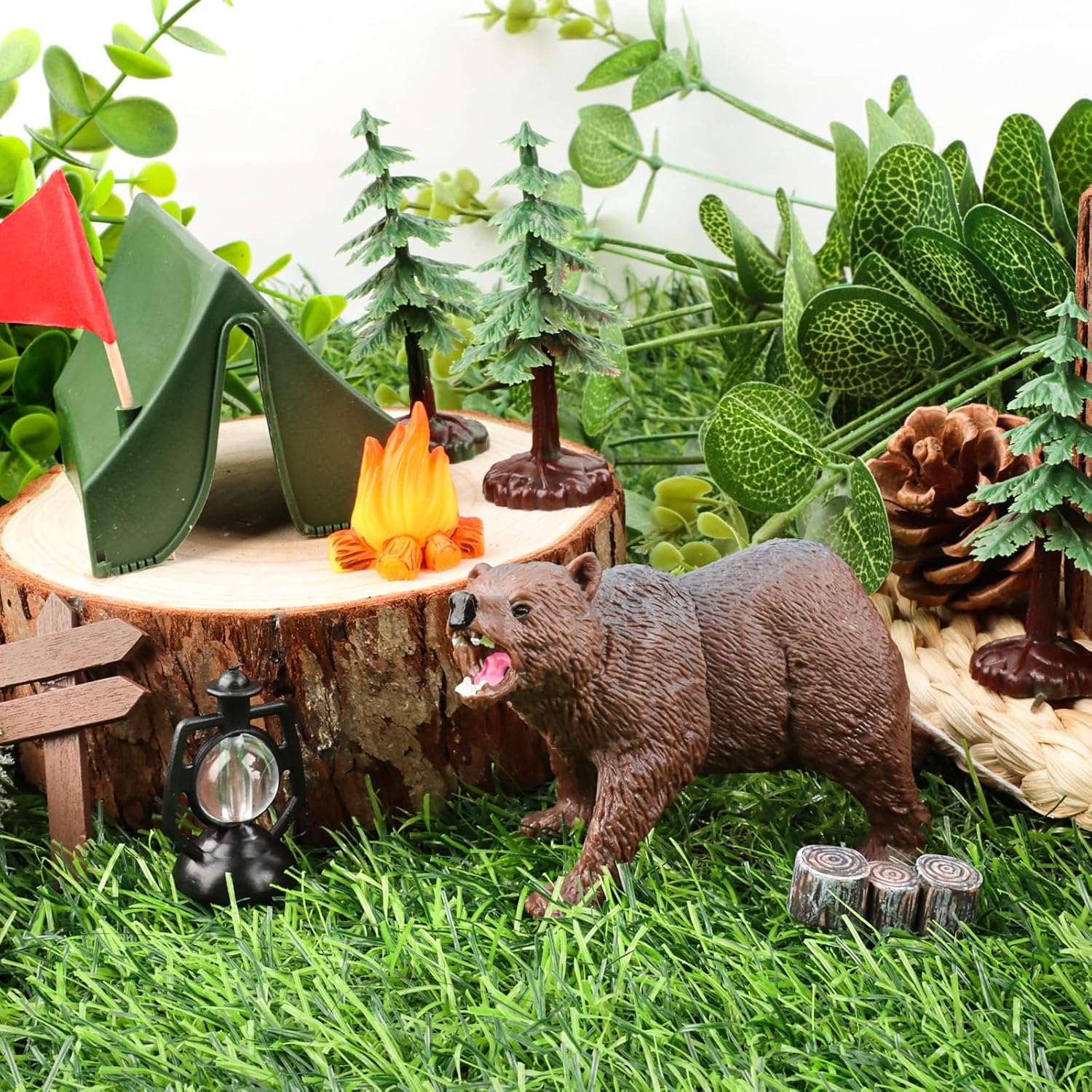 Hooqict Camping Cake Decorations with Mini Tent, Campfire, Tree, Camp Sign, Animal Camping Cake Toppers & Cupcake Toppers for Forest Camp Themed Birthday Party Decorations Supplies