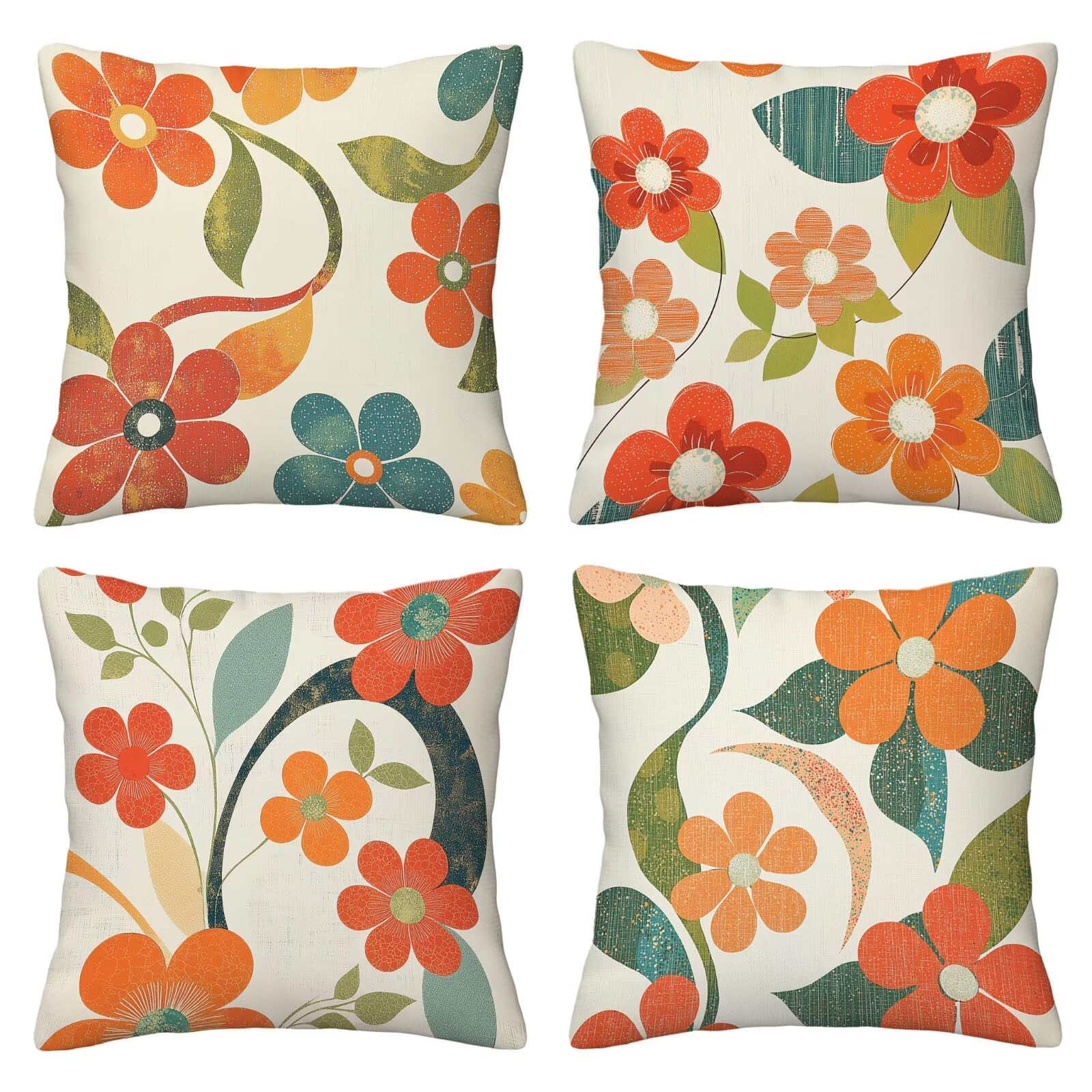 Outdoor Kissenbezug Beige 55x55 cm Outdoor Kissenbezug Wasserdicht Dekokissenbezug Blume 4er Set Leinen Zierkissenbezüge Kissenhülle Sofakissenbezüge für Garten, Schlafzimmer, Sofa, Stuhl, Bett, D-2