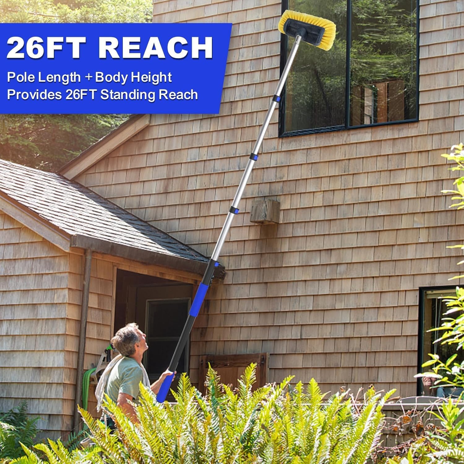 Buyplus 26FT Reach Car Wash Brush with Long Handle, 12-Inch Soft Bristle Head, Truck Wash Brush with 5-20FT Telescoping Pole, Car Washing Brush for Cleaning Car, SUV, RV, Boats, Solar Panels Blue