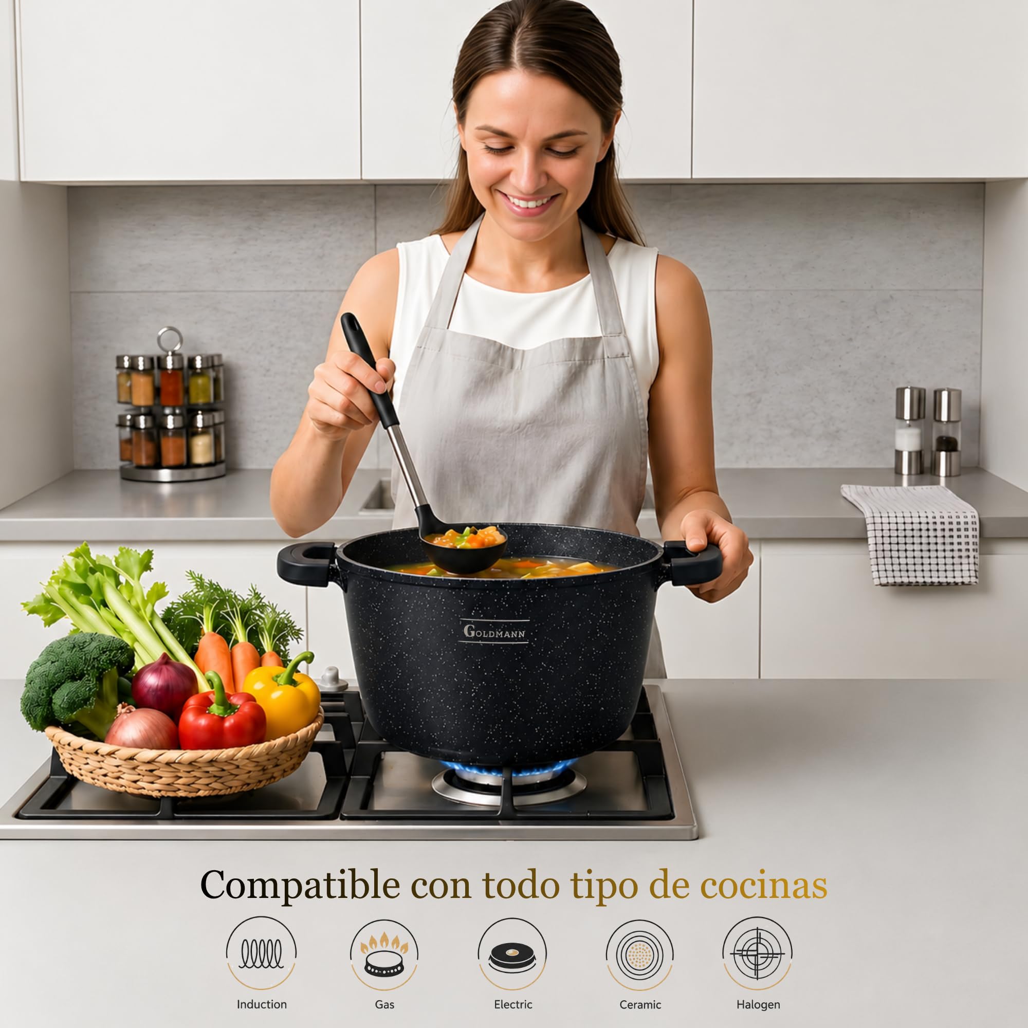 GOLDMANN olla aluminio fundido de 28 cm y 10 L, con revestimiento antiadherente de mármol cerámico, tapa de vidrio, apta para inducción y todo tipo de cocinas, apta para horno y libre de PFOA