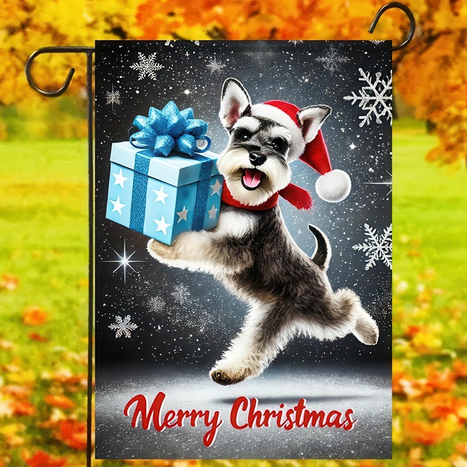Christmas Schnauzer Garden Flag 12x18 Double Sided Cute Schnauzer Dog with Gift Merry Christmas Yard Flag Winter Outdoor Garden Decor Snowflakes Lawn Porch Patio Holiday Banner - Image 3