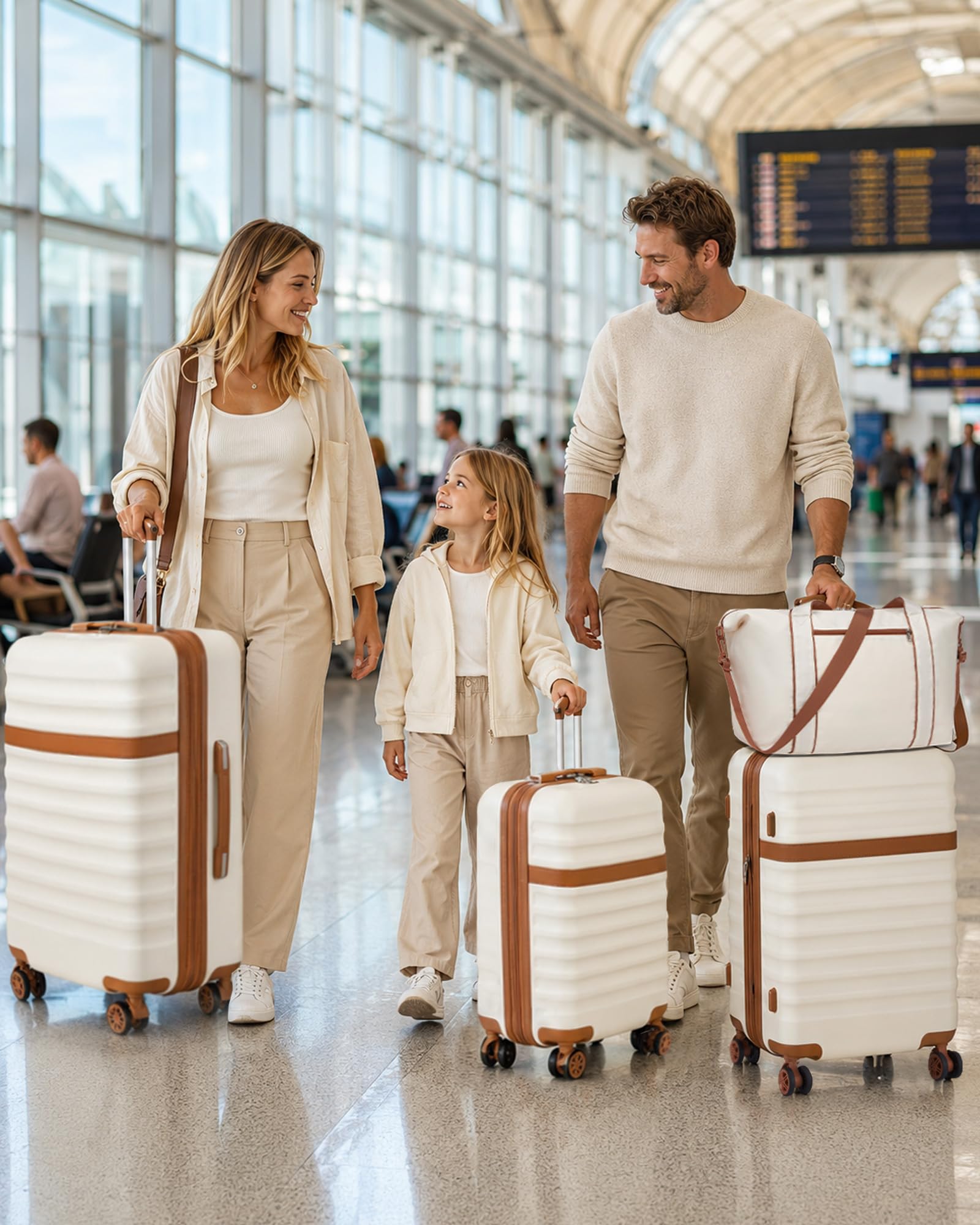 Kono Juego de Maletas con Expansión (Solo 24" y 28"), con Ruedas TPE y Cerradura TSA, más Bolsa de Viaje con Correa Ajustable y Hebilla para Carro, y Neceser, Ideal para Viajes Familiares (Crema)