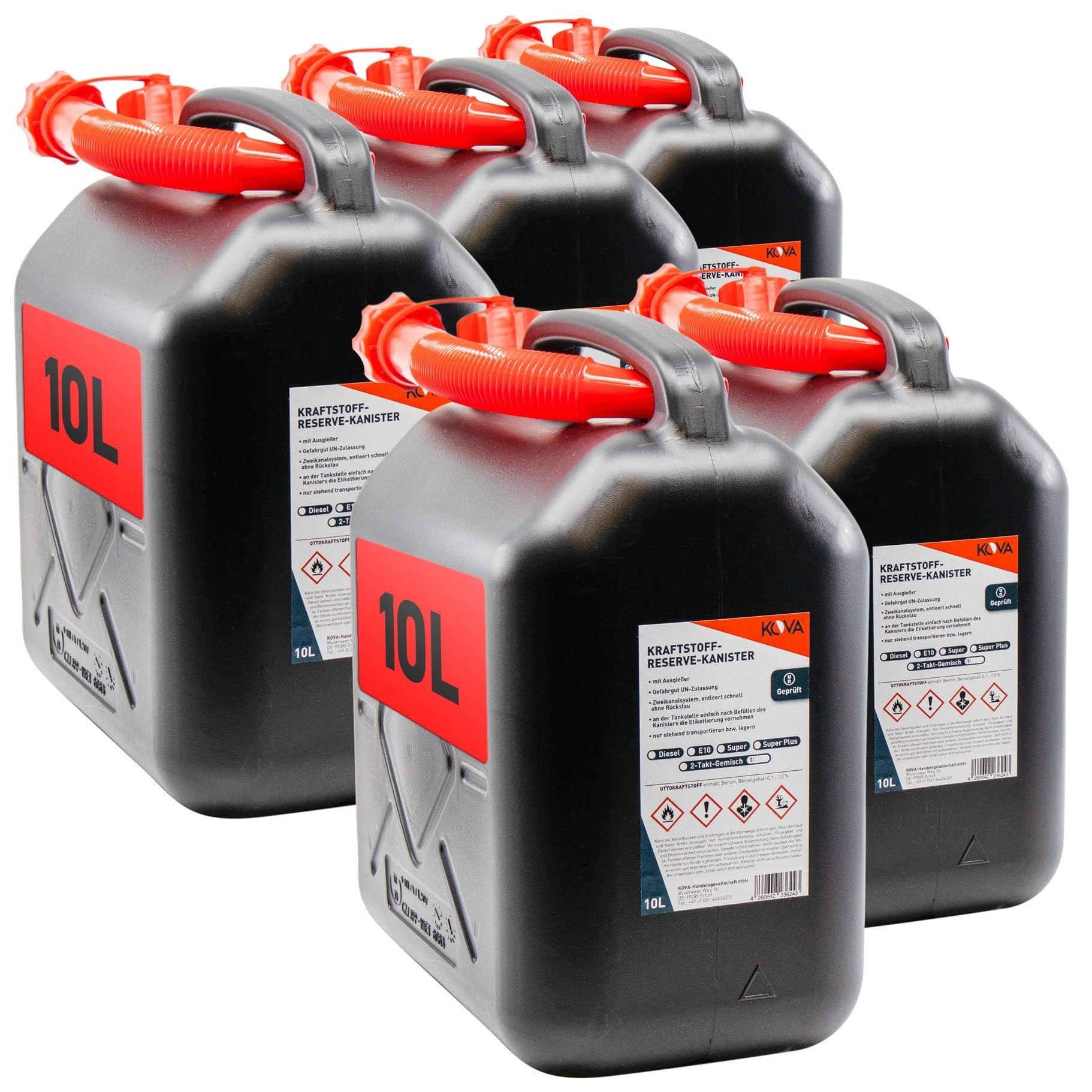 KOVA 5x Benzinkanister 10L SCHWARZ Kunststoff Dieselkanister Reservekanister Kraftstoffkanister 10 Liter Wasserkanister für Benzin Diesel Wasser AdBlue 10-Liter-Kanister & Außgießer 10 ltr Petrol Can