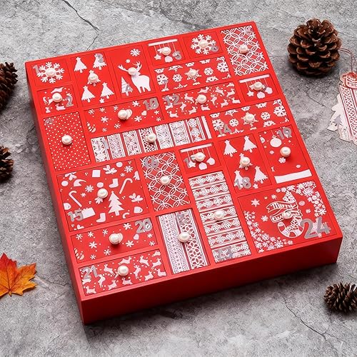 Vista 8 de Juegoal Calendario de Adviento rojo con cuenta regresiva de 24 cajones para Navidad, Adviento de madera recargable, 15 pulgadas de alto