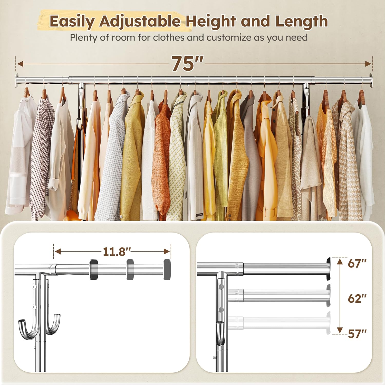 Raybee Heavy Duty Clothes Rack 75" Extra Wide, 450 LBS Clothing Rack with 4 Hooks, Lockable Wheels, Metal Garment Rack for Bedroom, Laundry Room, Commercial