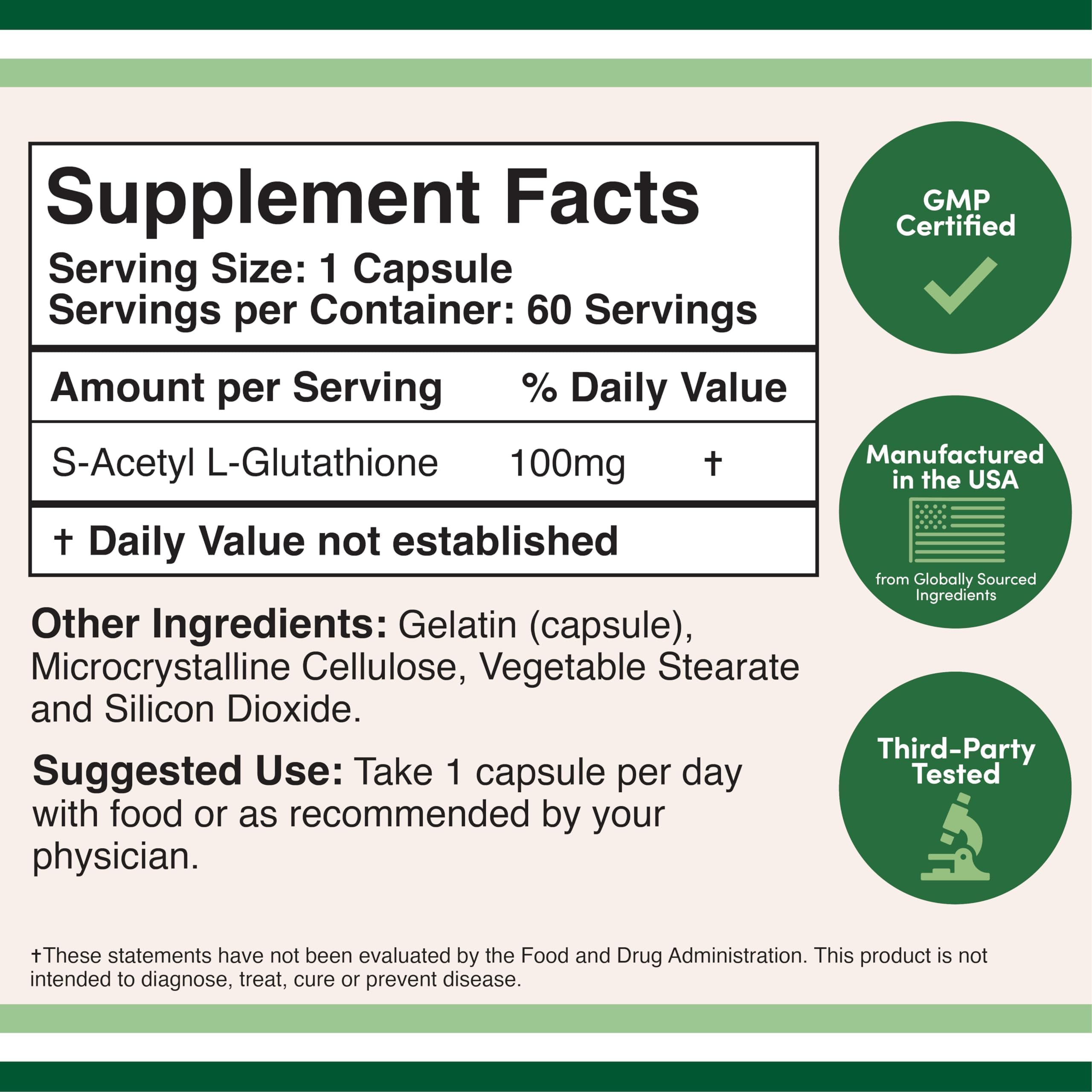 S-Acetyl L-Glutathione 100mg, Detox, Skin + Antioxidant, 60 Capsules