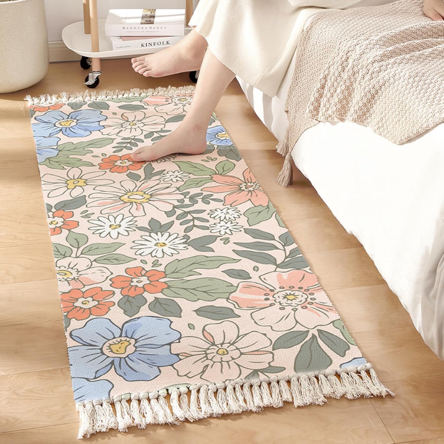 Printed 100% Natural Cotton Designer Rug,Carpet, Bed Side Runner with Tassels for Bedroom,Living Room, Size-2x5 feet or 60 cms x 152 cms, (Blue Rust Flower)