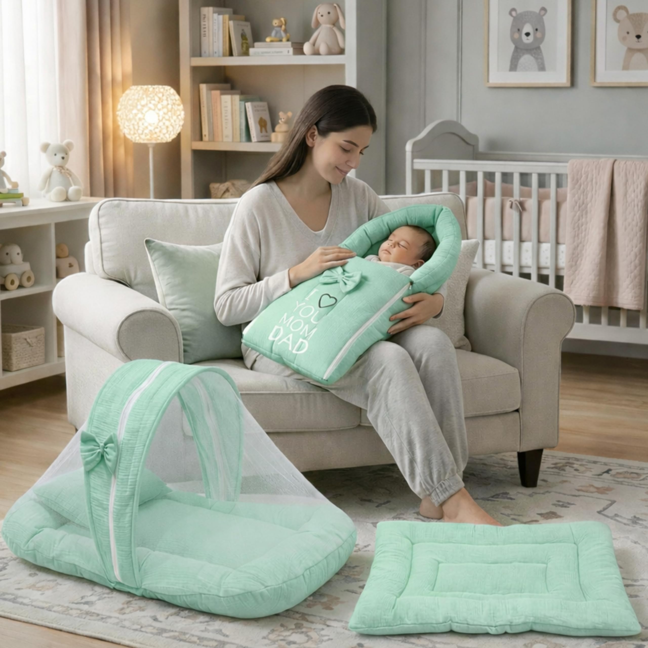 Fareto Newborn Baby 100% Muslin Cotton Sleeping Bag & Mosquito Net &Hand Carry Bed | Safe, Soft & Portable Baby Bed | Baby Bedding Set(0-1 Year) (M Green)-image-24