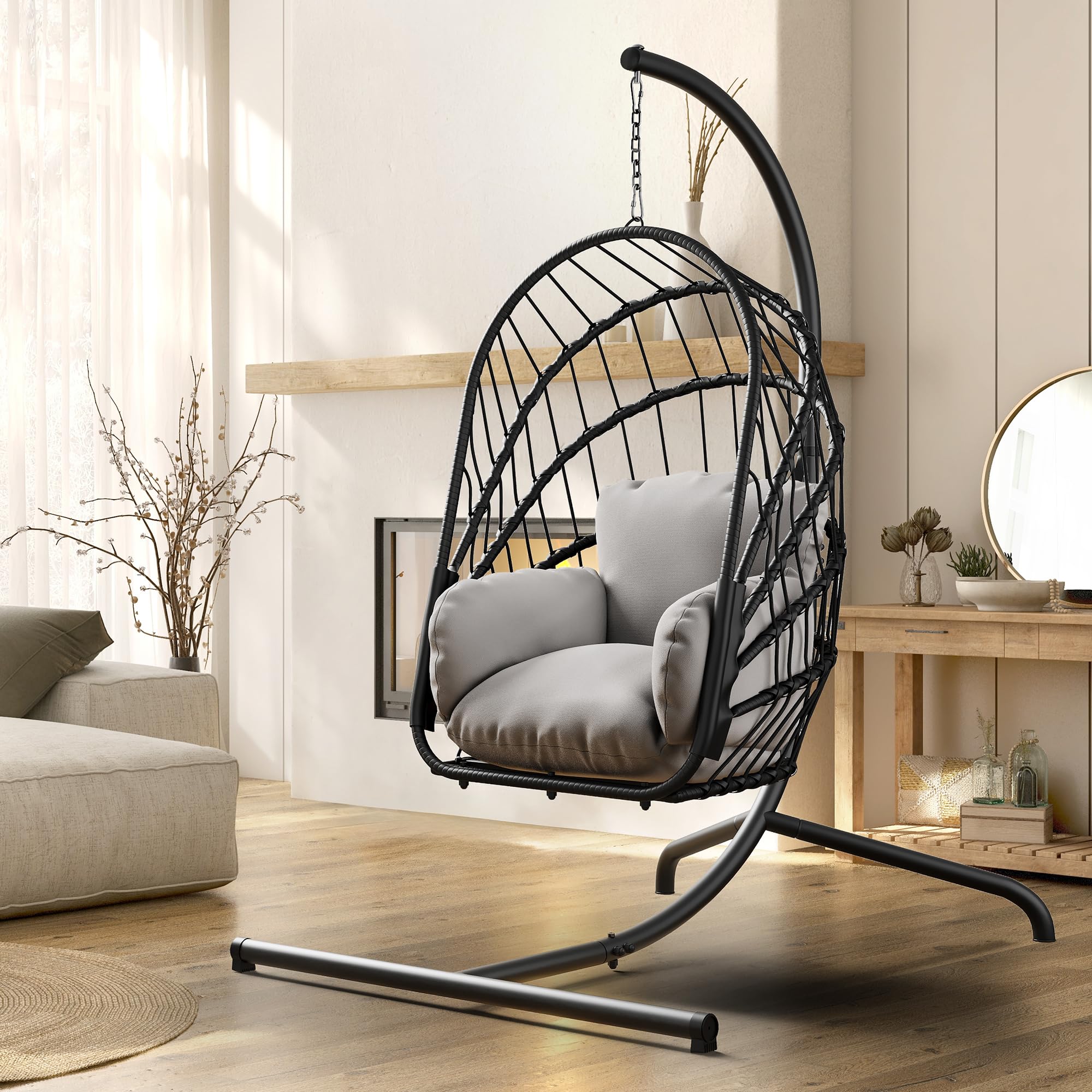 YITAHOME Hängesessel mit Ständer, Rattan-Korb Schaukelstuhl mit strapazierfähiger Polsterung, 160 kg Tragfähigkeit, Klappbarer Hänge-Korbstuhl für Terrasse, Garten, Schlafzimmer, Balkon (Grau)