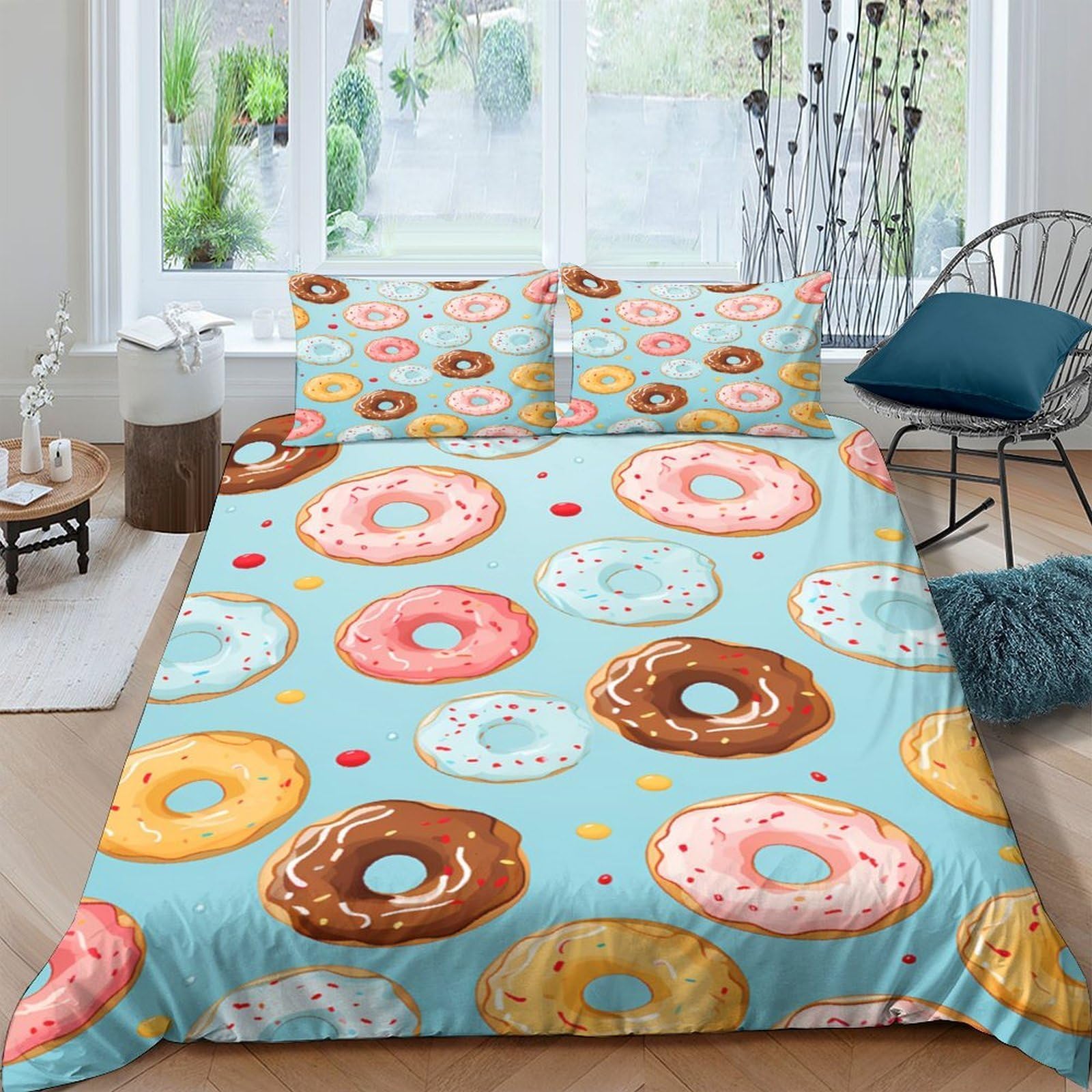 Ctjqhvkz Style-8 3D Printed Donut Pattern Fitted Sheet Microfiber Soft Pink Blue Dessert Bed Sheet Bedroom Guest Room Protection Decor Single（135X200cm）