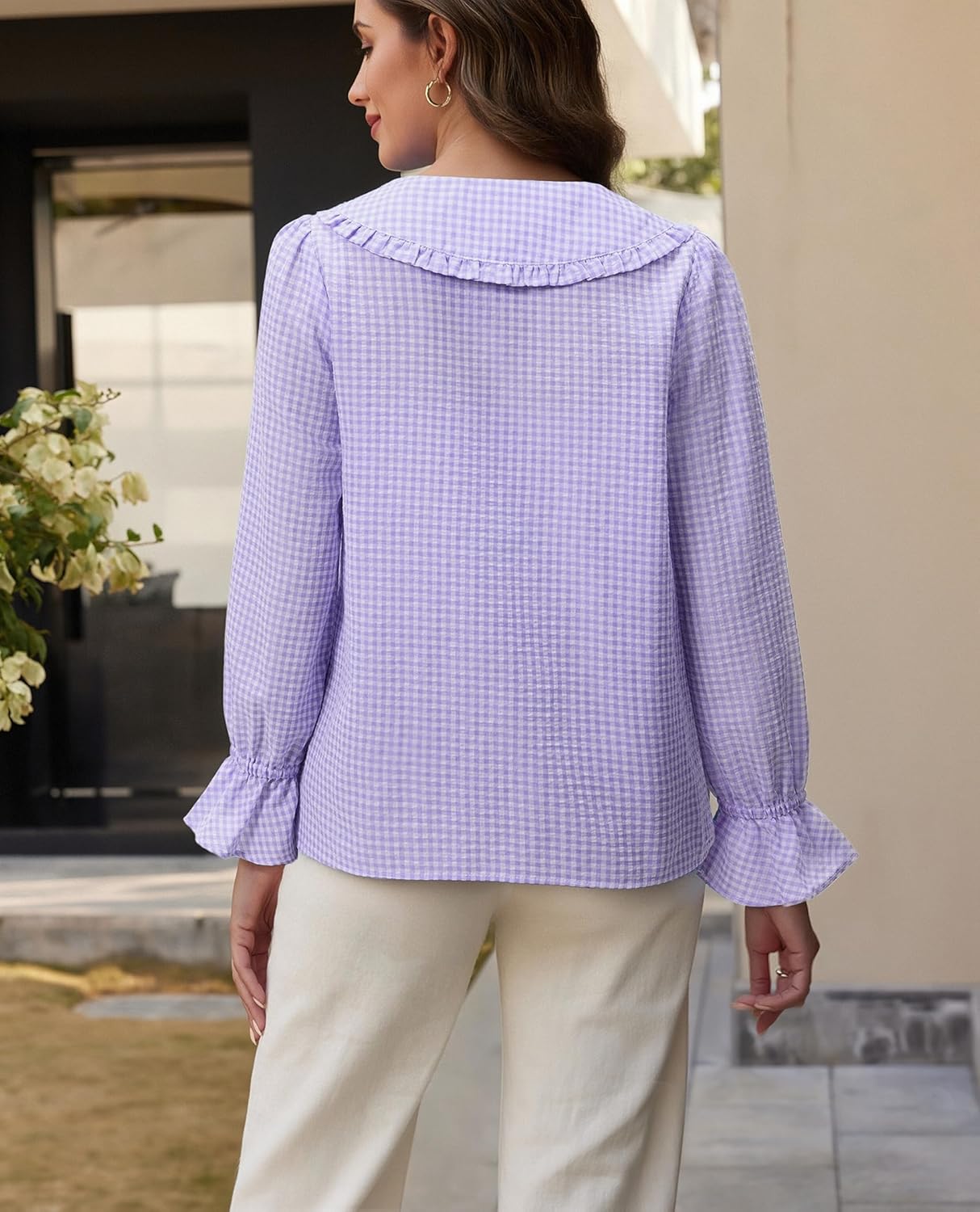 siliteelon Plaid Shirts for Women Gingham Top Button Down Shirts Peter Pan Collar Puff Long Sleeve Cotton Casual Work Blouse - Image 3