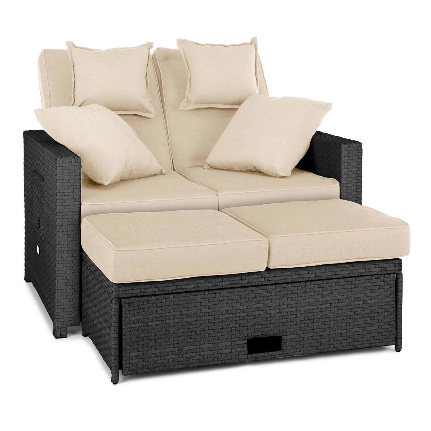 blumfeldt Komfortzone Sofá de ratán Dos plazas con Mesa Plegable (resplado inclinable, apoya pies, para jardín y terrazas, Tumbona, snackbar) - Negro