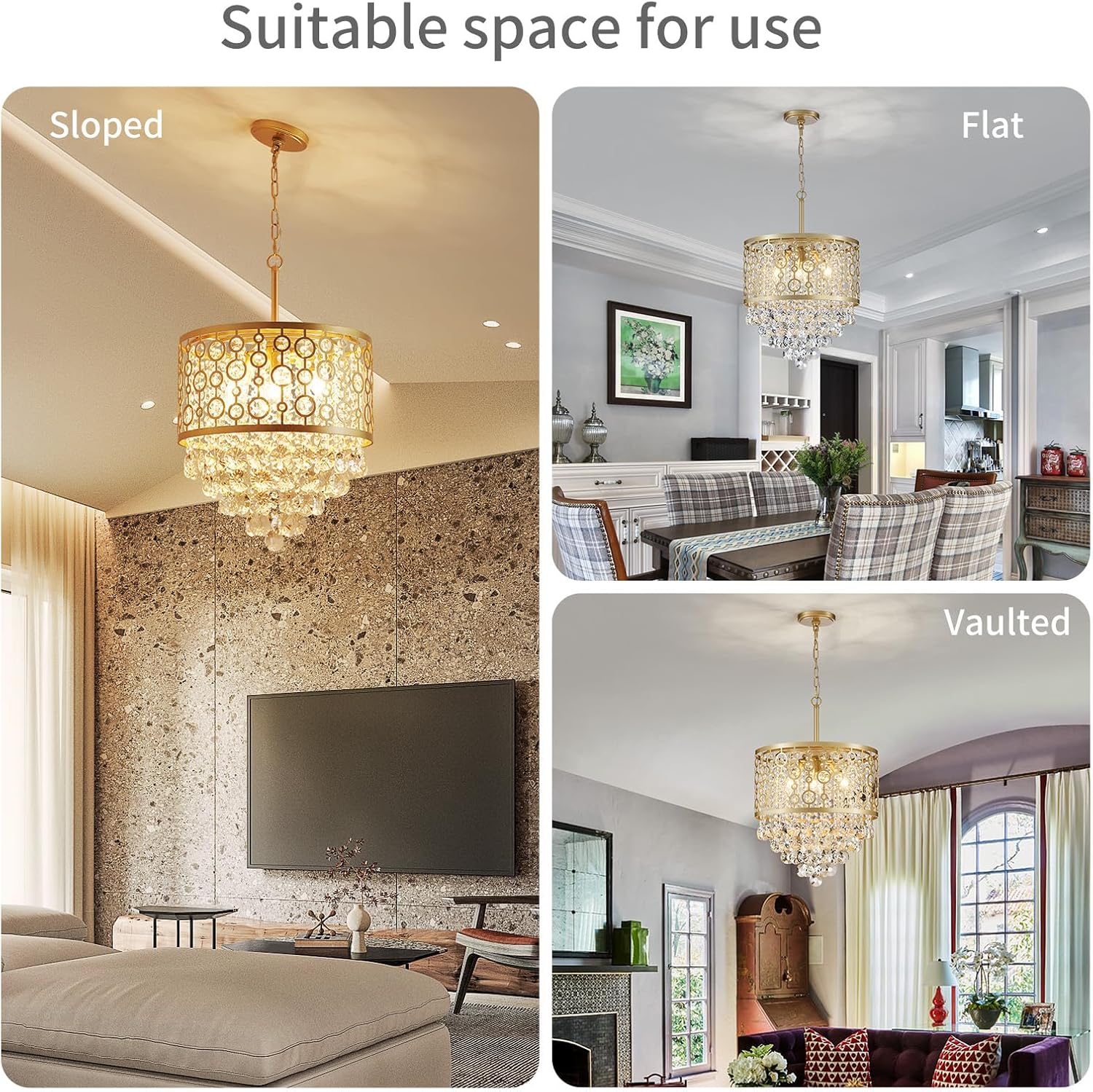 WUZUPS Crystal Drum Chandelier Ceiling Pendant Light Modern Lighting Fixture for Entry Hallway Kitchen Bathroom Bedroom, H 15.7" x W 16.1", E12 Base, Gold