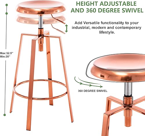 Miniatura 2 de Taburete de bar industrial ajustable, juego de 2 taburetes de bar giratorios redondos de metal, altura de mostrador, silla de bar con marco de metal