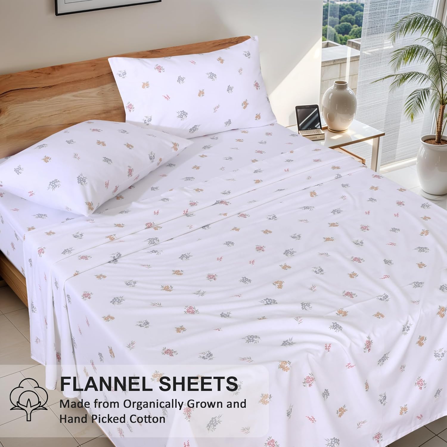 RUVANTI Flannel Sheets King Size - GOTS Certified 100% Organic Cotton, 4 Piece Warm, Soft & Breathable Set, Deep Pocket Snug Fit, Double Brushed Cozy All Season Bedding, Floral - Image 4