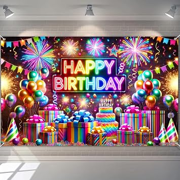 BlissYard Neon Birthday Banner 71x43 Inch Glow in The Dark Rainbow Cake Gift Balloon Birthday Backdrop Banner Party Atmosphere Photography Background Celebration Event Decoration Supplies