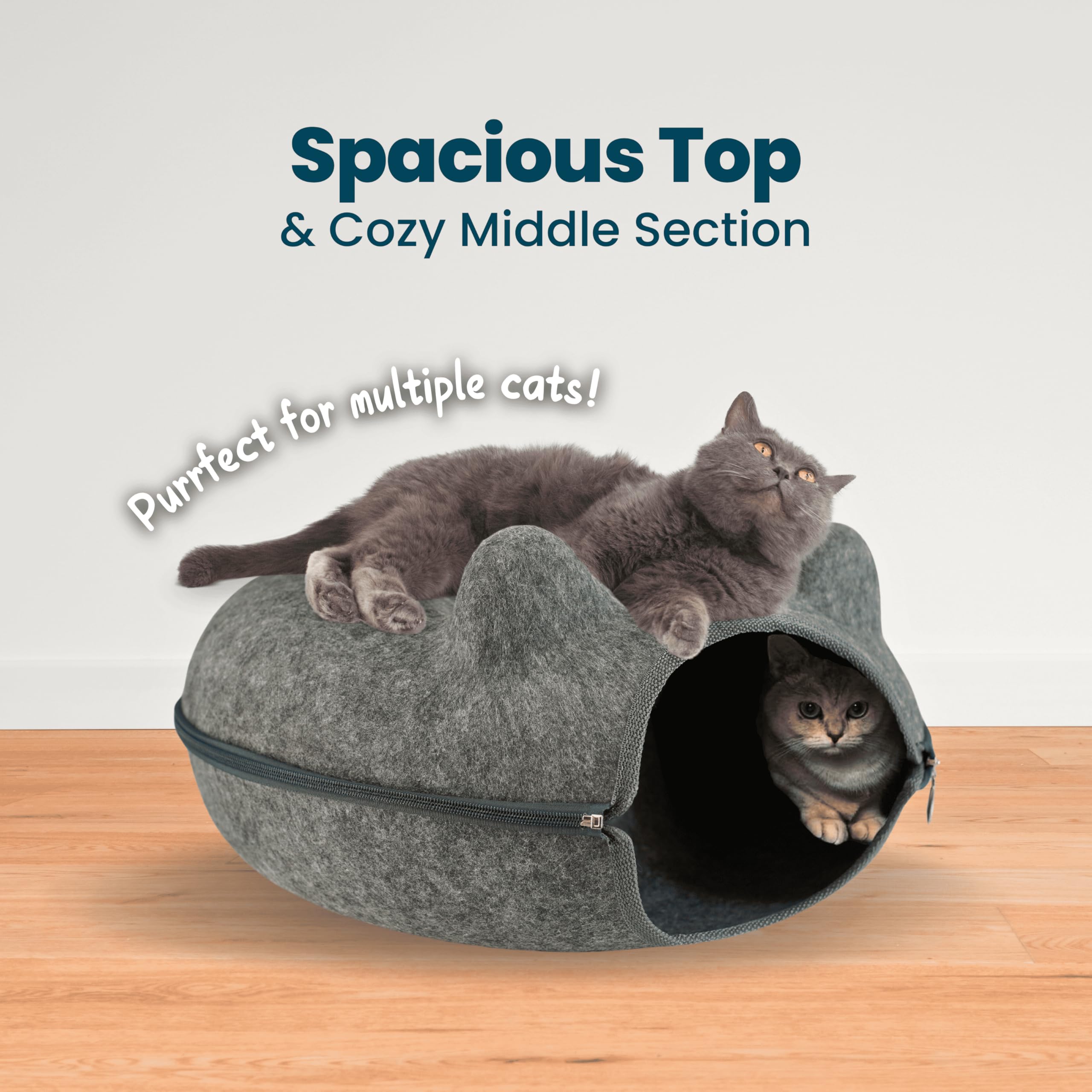 FRESH WHISKER Cat Tunnel Cave Bed with Ears, Peekaboo Donut Shaped Pet Bed (Dark Gray)