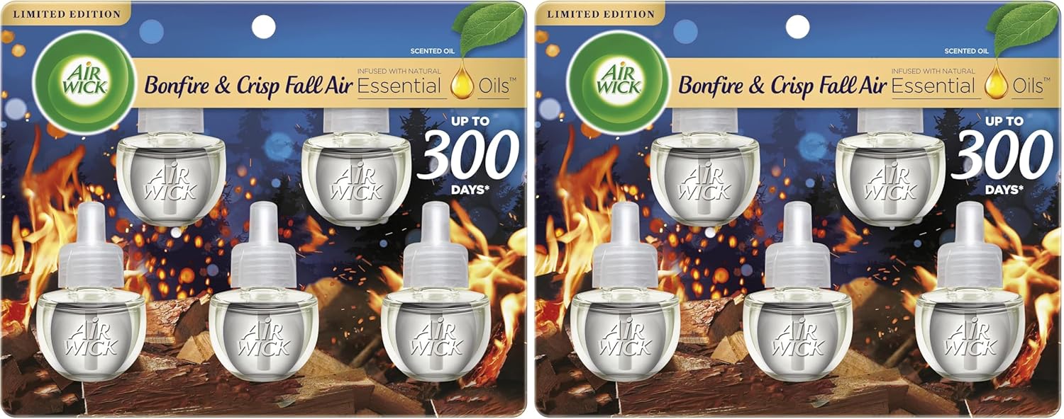 Air Wick Plug in Scented Oil Refill, 5ct, Bonfire and Crisp Fall Air, Essential Oils, Air Freshener Fall Scent, Fall Décor (Pack of 2)