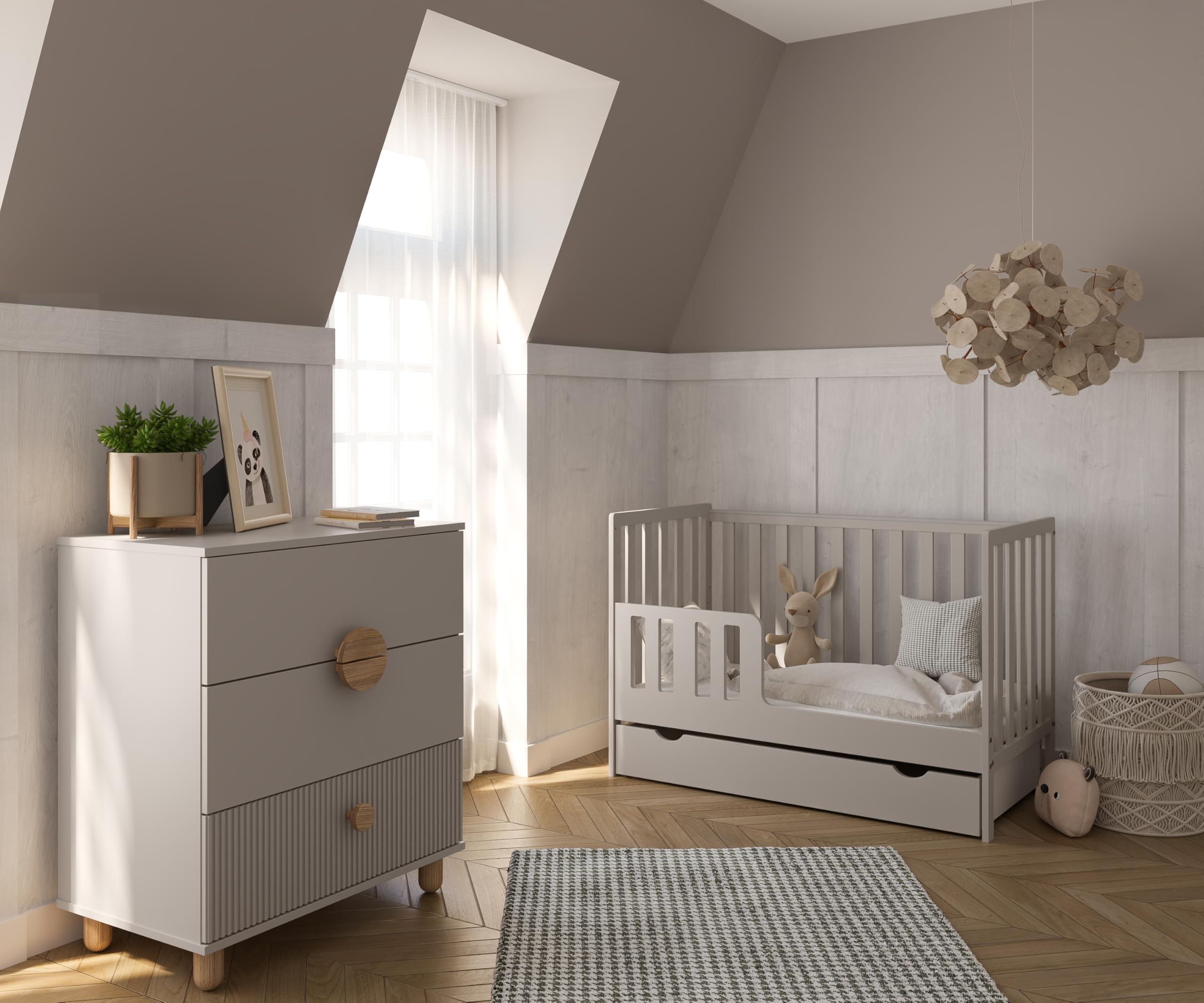 zee Bambi Kaschmir Babybett 120x60 cm 2in1 mit Matratze, Schublade & Schutzbarriere Klassisches Gitterbett 3-Fach Höhenverstellbar Kinderbett mit Beißschutz & zu Juniorbett umbaubar