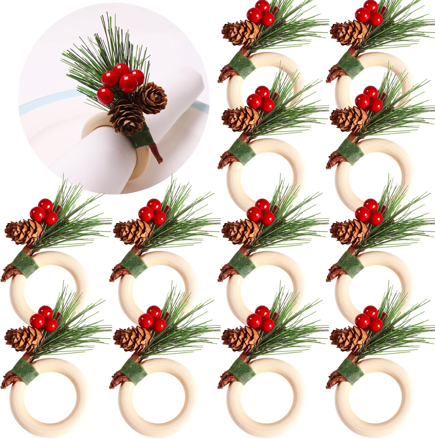 12 Pieces Christmas Napkin Rings, Pine Cones Red Berry Flower Napkin