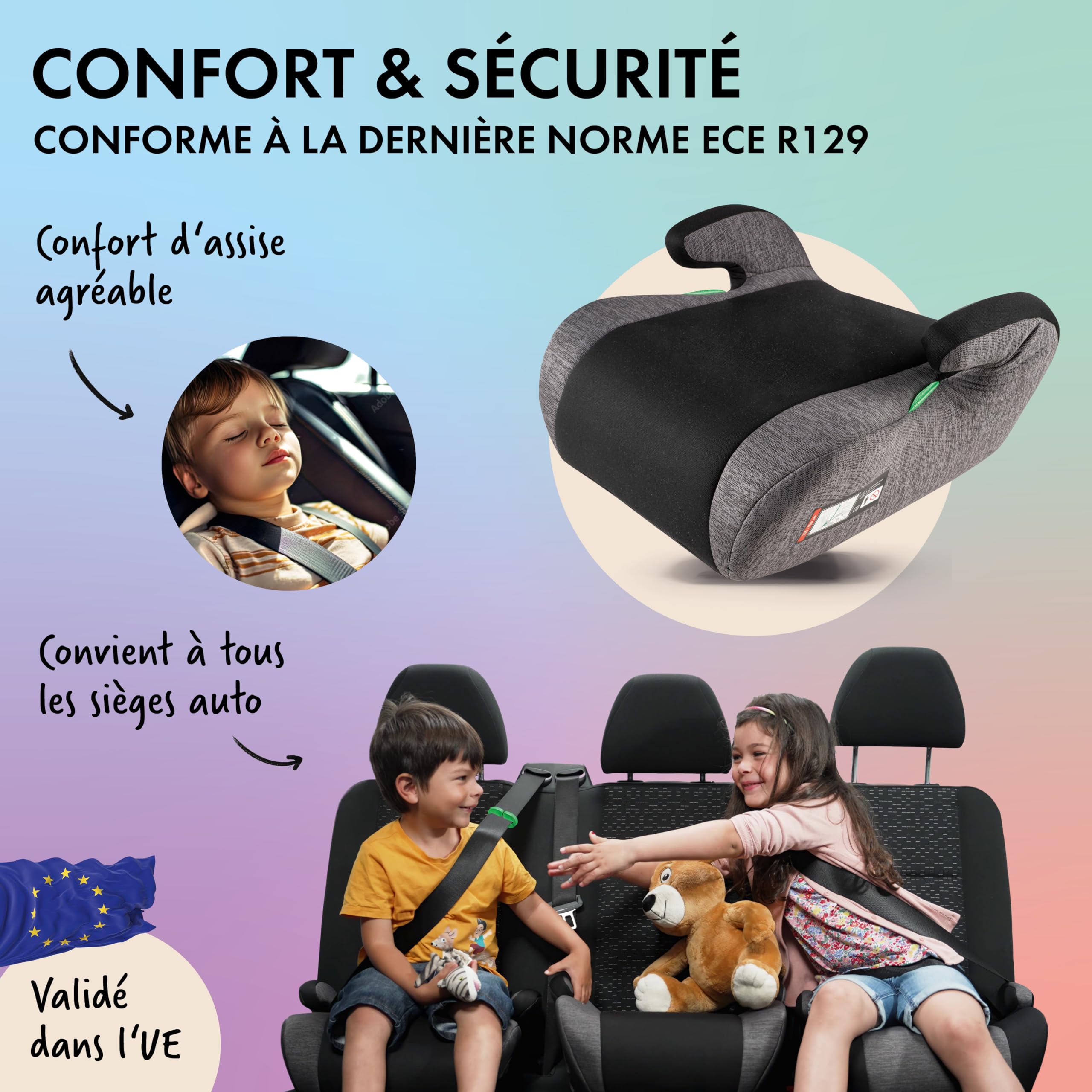 WALSER Siège enfant Raffi, siège enfant voiture 125-150 cm, rehausseur de siège enfant voiture selon la dernière norme ECE R 129, siège enfant étroit gris/noir
