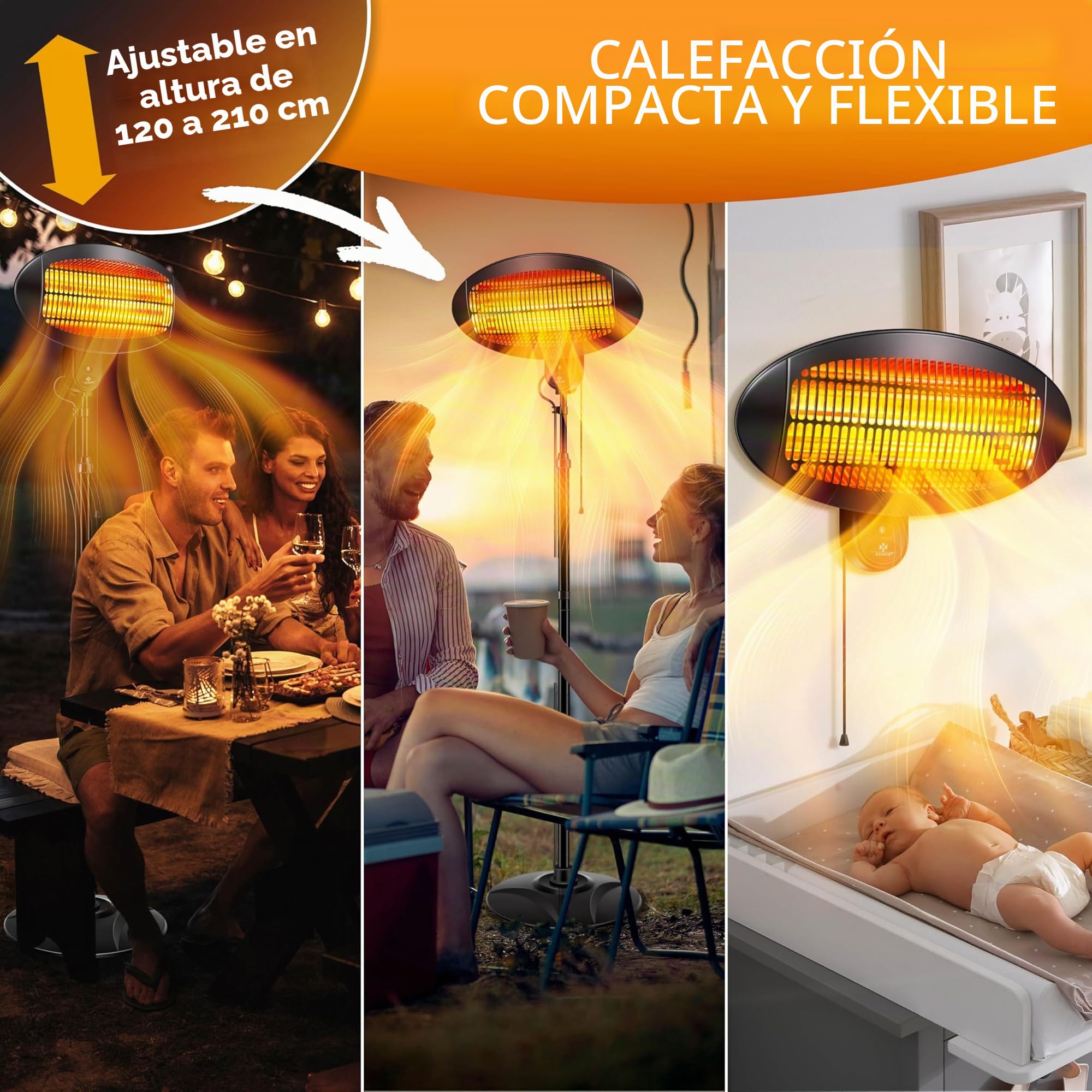 KESSER® Calefactor radiante 2000 vatios ✓ Infrarrojos ✓ de pie ✓ de patio ✓ Terraza ✓ Calefactor radiante ✓ Regulable en altura ✓