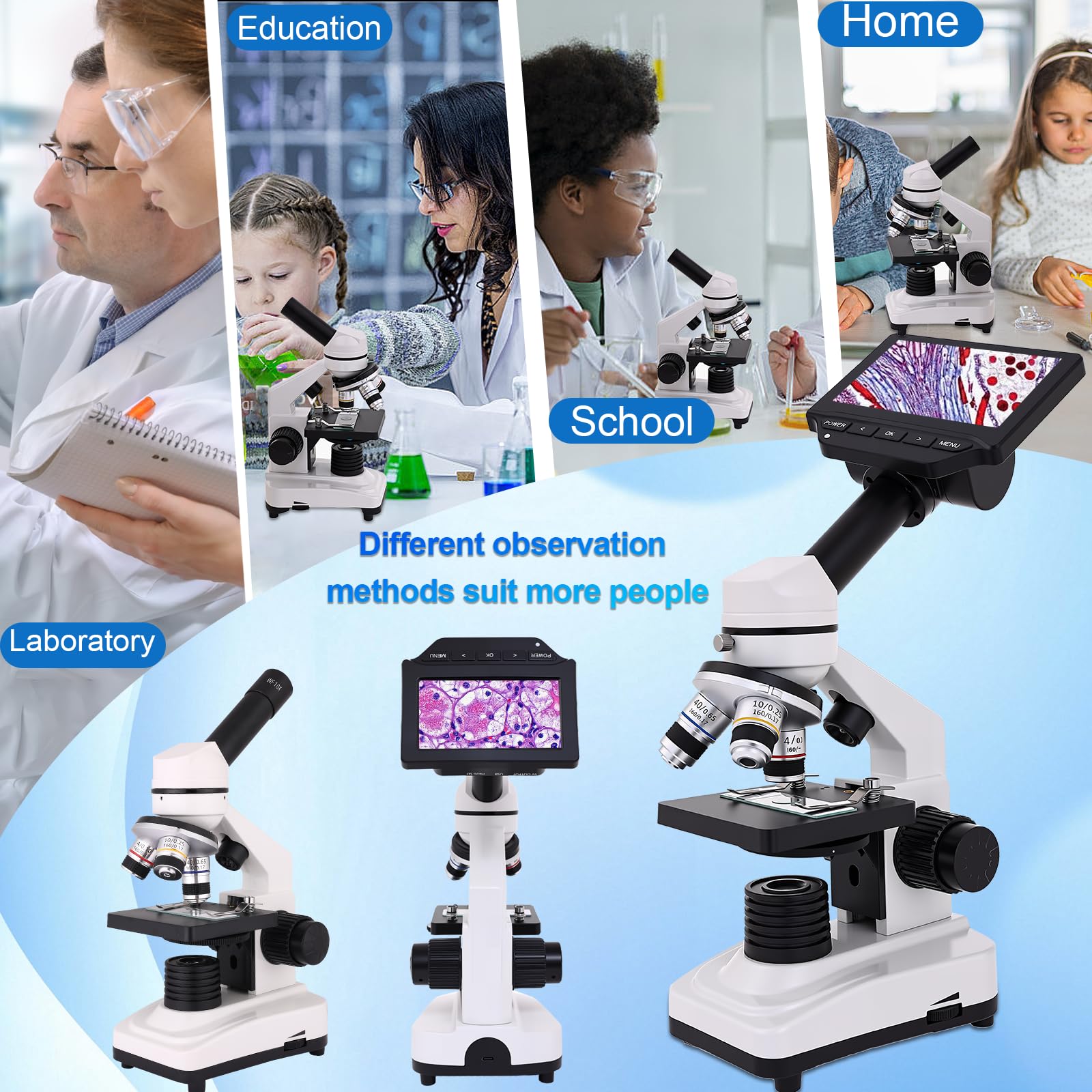 Microscopio para adultos y niños, microscopio de alta potencia 40X-2500X con pantalla de 5 pulgadas, para laboratorio escolar y escuela en casa, equipado con juego de diapositivas y soporte para