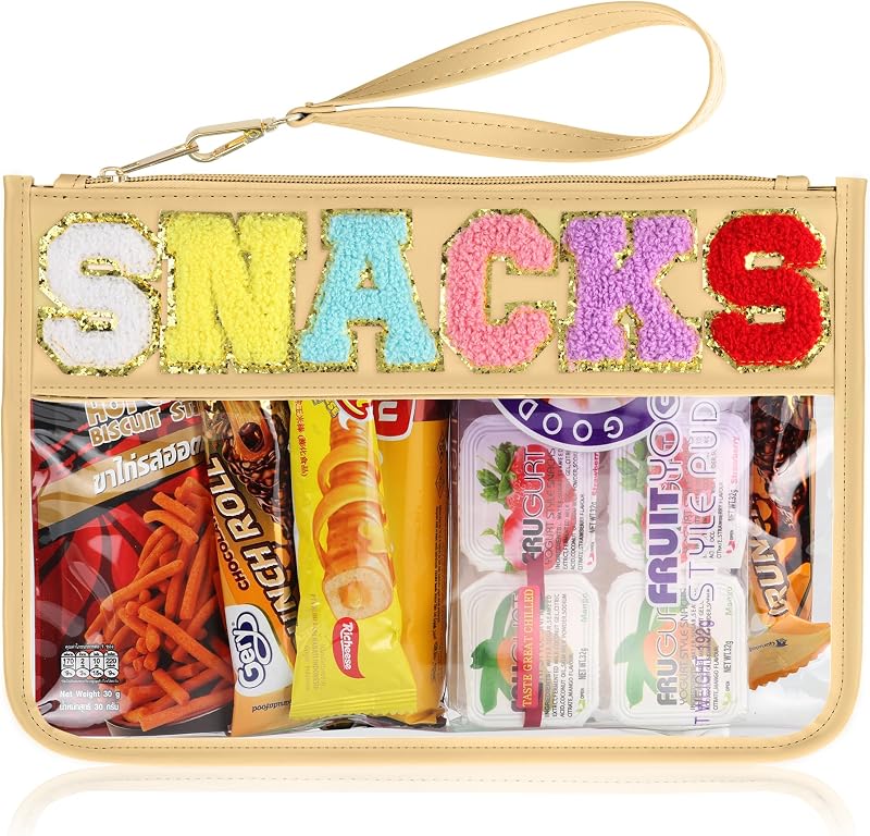 Necessaire transparente TESAFNG com patch de letra em chenille e zíper, 31 cm x 21,49 cm
