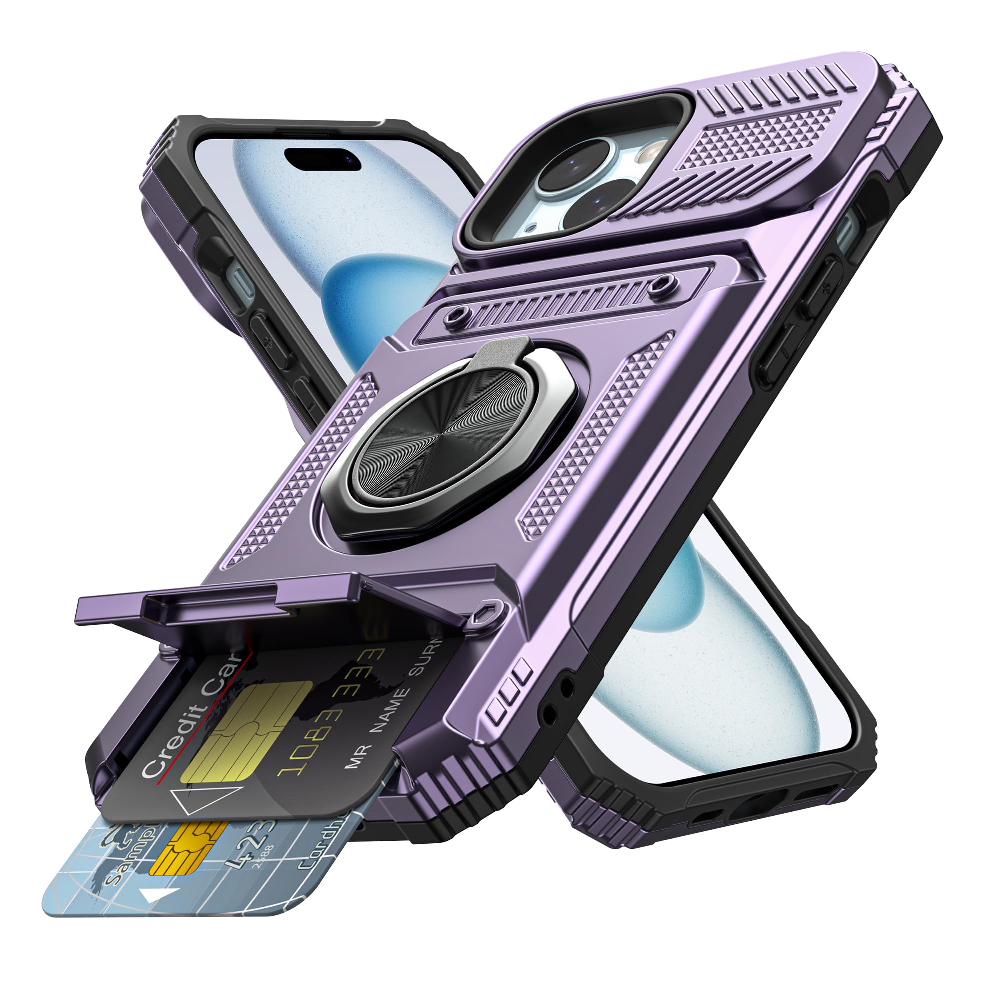 Vofolen for iPhone 15 Wallet Case with Card Holder [Store 2 Cards] + 360° Magnetic Rotated Ring Stand Dual Layer Heavy Duty Shockproof Drop Protection