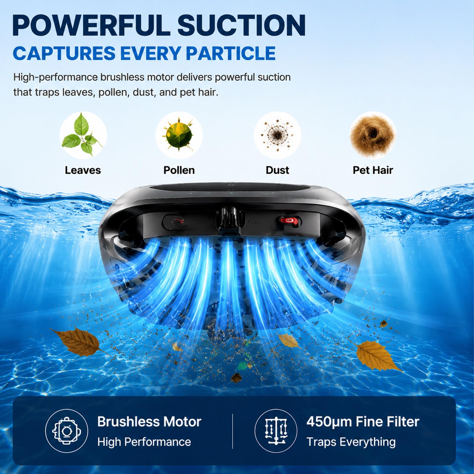 Skimmer para Piscina Alimentado por Energía Solar | Acoplamiento Automático En Bordes, Modos De Carga Dual, Filtración De 450 Μm; Para Piscinas Elevadas