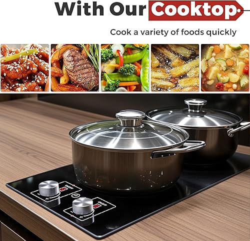 Miniatura 2 de ADVWIN Cocina eléctrica de 2 quemadores, 110 V, 1800 W con control de perilla, encimera de 12 pulgadas e integrada con bloqueo de seguridad para