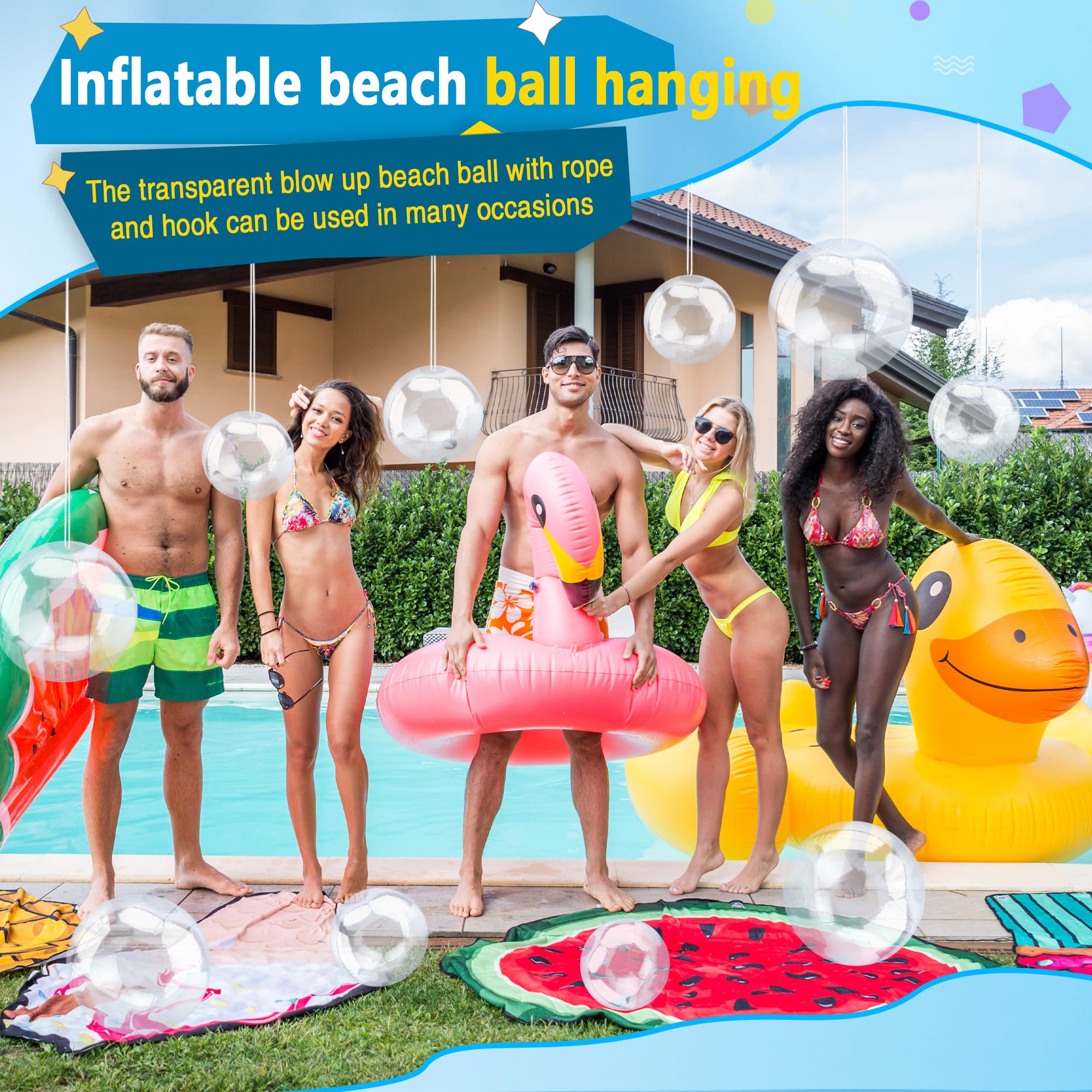 Paquete de 30 pelotas de playa inflables transparentes de 8 pulgadas, 12 pulgadas, 16 pulgadas, bolas de piscina transparentes a granel con cuerda para colgar para suministros de fiesta en la