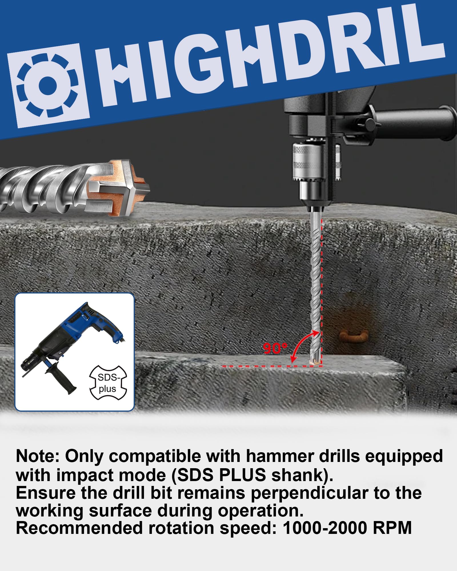 HIGHDRIL Juego de Brocas SDS Plus - 10 piezas 5/6/8/10/12mm (Largo 160/210 mm) con Punta de Carburo, Brocas para Martillo Perforador para Hormigón, Ladrillo, Piedra y Granito