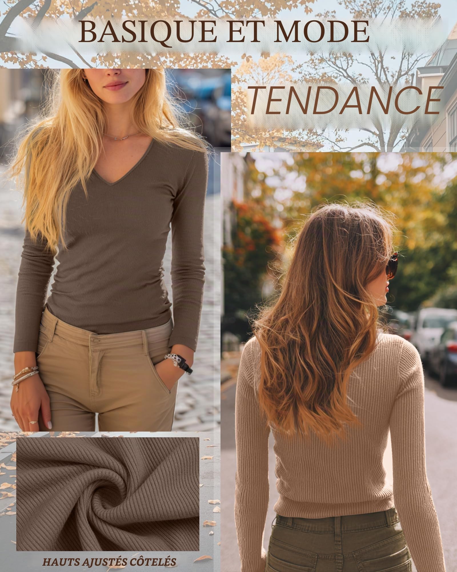 Ficerd Lot 3 Chemises Côtelées Femme | Tops En Coton Col V Pour Sorties, Tenues Décontractées De Bureau, Sous-pulls Basiques AjustéS Pour Sous Les Uniformes