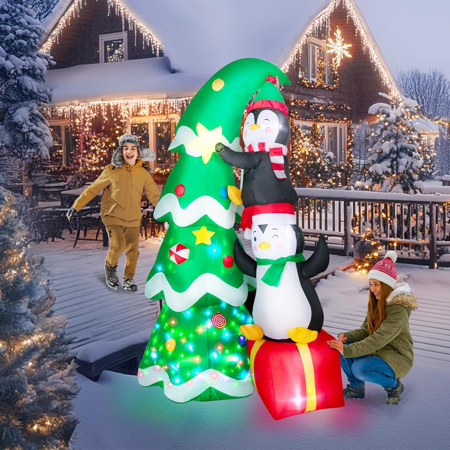 Christmas Inflatables Outdoor Decorations, with Rotating Colored Light+LED Lights, Large Blow Up Yard Decor,Christmas Party Outdoor, Yard, Garden, Lawn Winter (7 FT Penguins Climbing Tree)