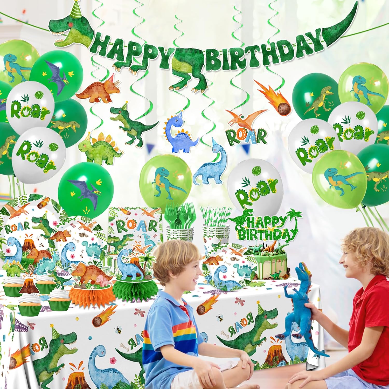 Dinosaur Birthday Party Supplies for Boys,Dinosaur Birthday Decorations Includes Party Plates and Napkins,Banner,12 Balloons,Tablecloth,Cups,Honeycomb Cupcake Topper,Hanging Swirls,Serve 24