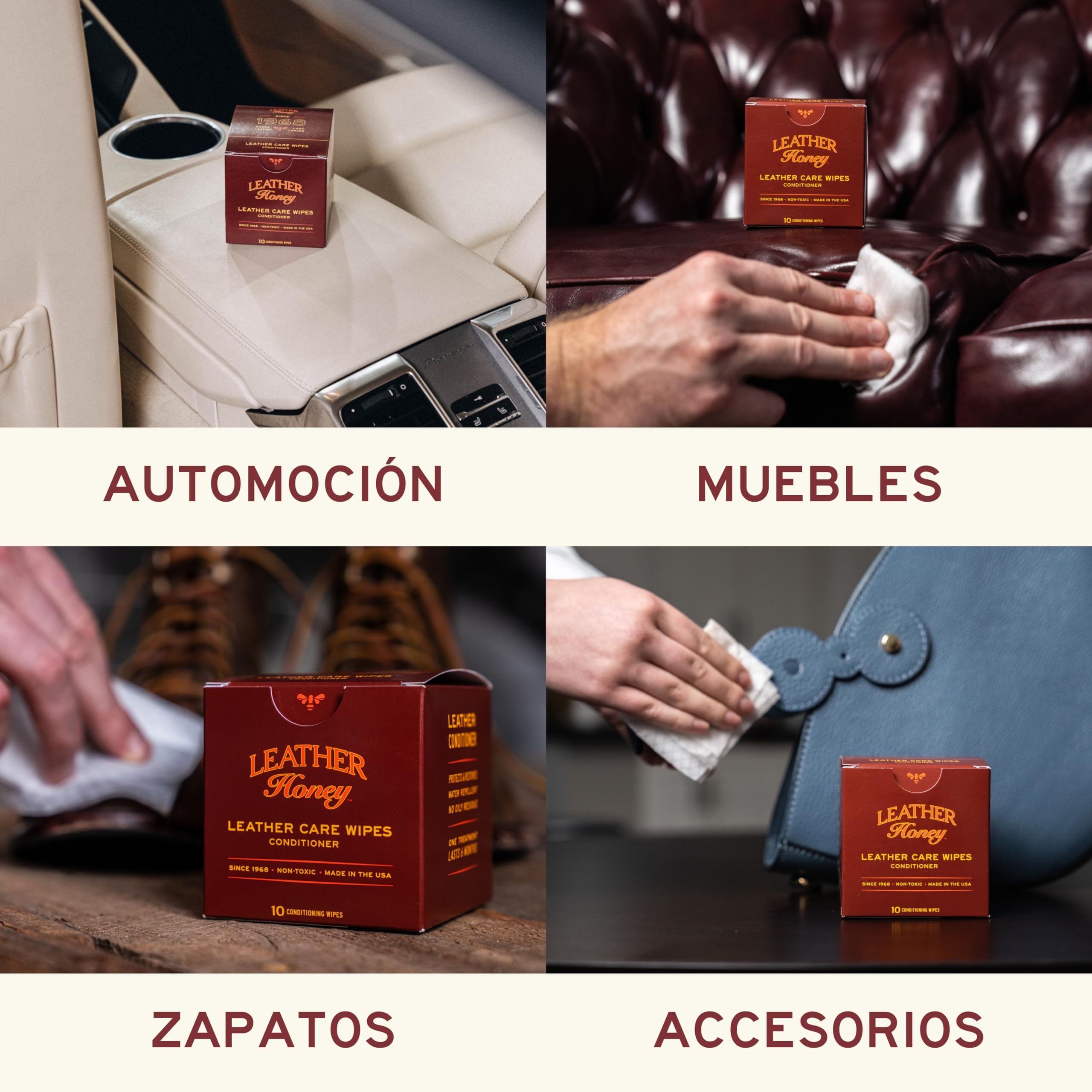 Leather Honey Toallitas acondicionadoras: Repara el cuero sobre la marcha. Protege y acondiciona sofás, asientos, bolsos, zapatos, mochilas y accesorios. 10 toallitas inocuas y listas para usar