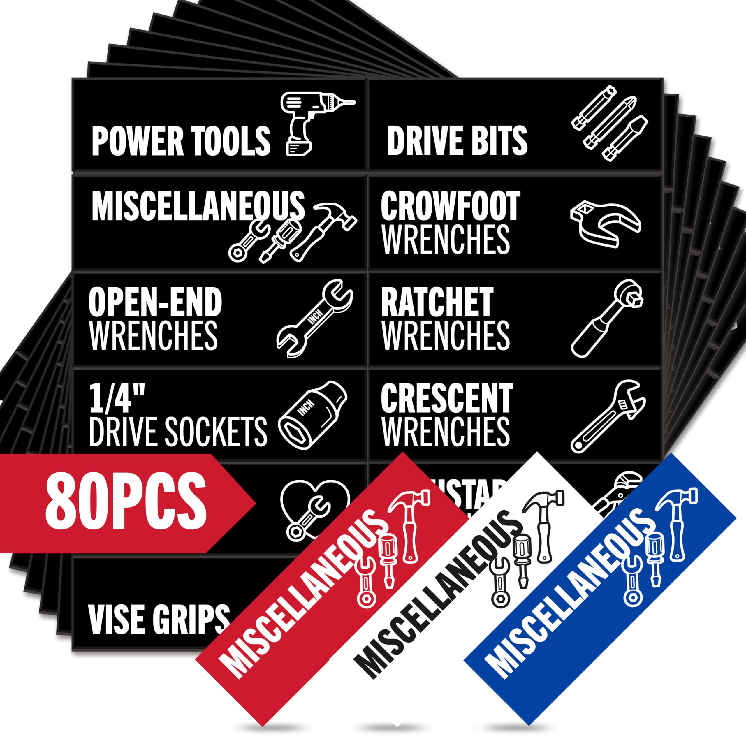 Toolbox Organization Magnetic Labels - 80 Large, Tool Chest Organizer Labels with Strong Magnets & Easy to Read Printing - Fits All Brands of Steel Tool Box Drawers (Black 3.125 x 1.0 Inches)