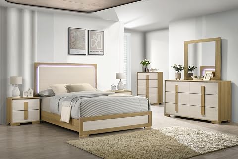 Kings Brand Furniture 6-Piece Natural/White Bedroom Set - Queen Bed with LED Lig