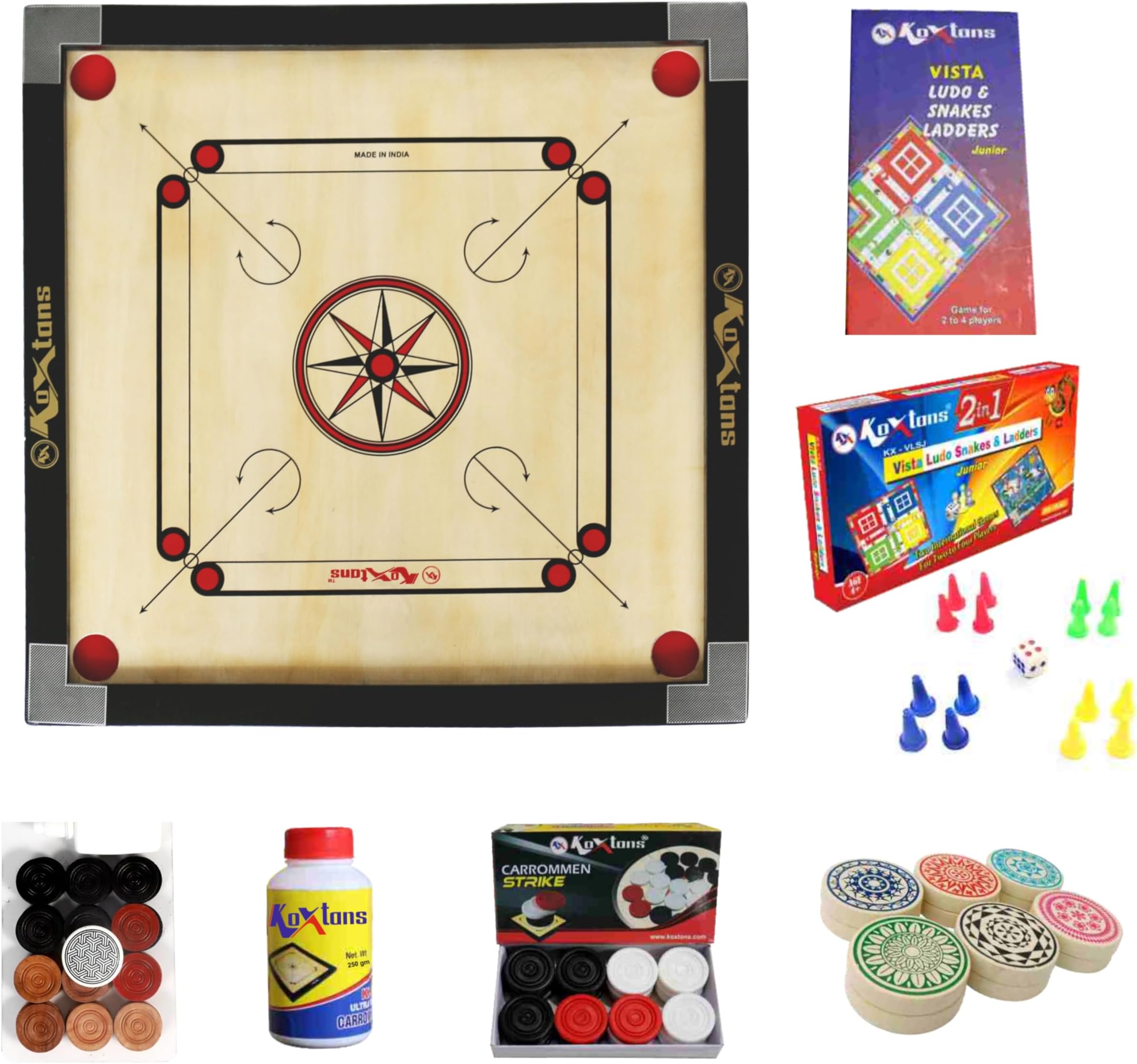 Carrom Board 28 INCH Medium Size with 1.5" Border & 3 mm Ply (Economy) with STRICKER & Accessories and Vista 11 INCH Ludo Snakes and Ladder