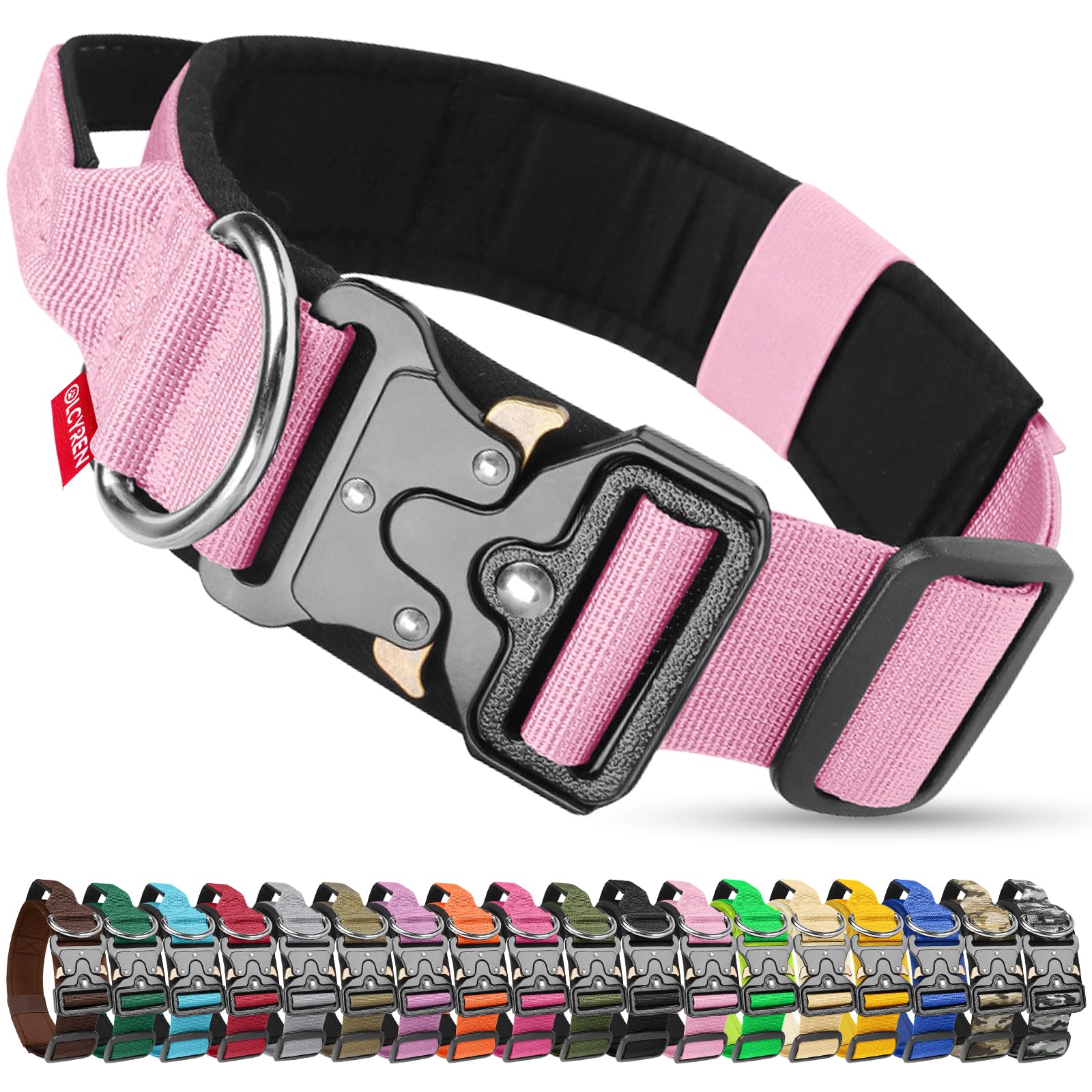 Olcyren Tactical Dog Collar, Military Nylon Adjustable Strong Dog Collar with Handle, Soft Padded Pet Collars with Heavy Duty Metal Buckle for Medium Large Dogs Training and Walking (Pink, XL)