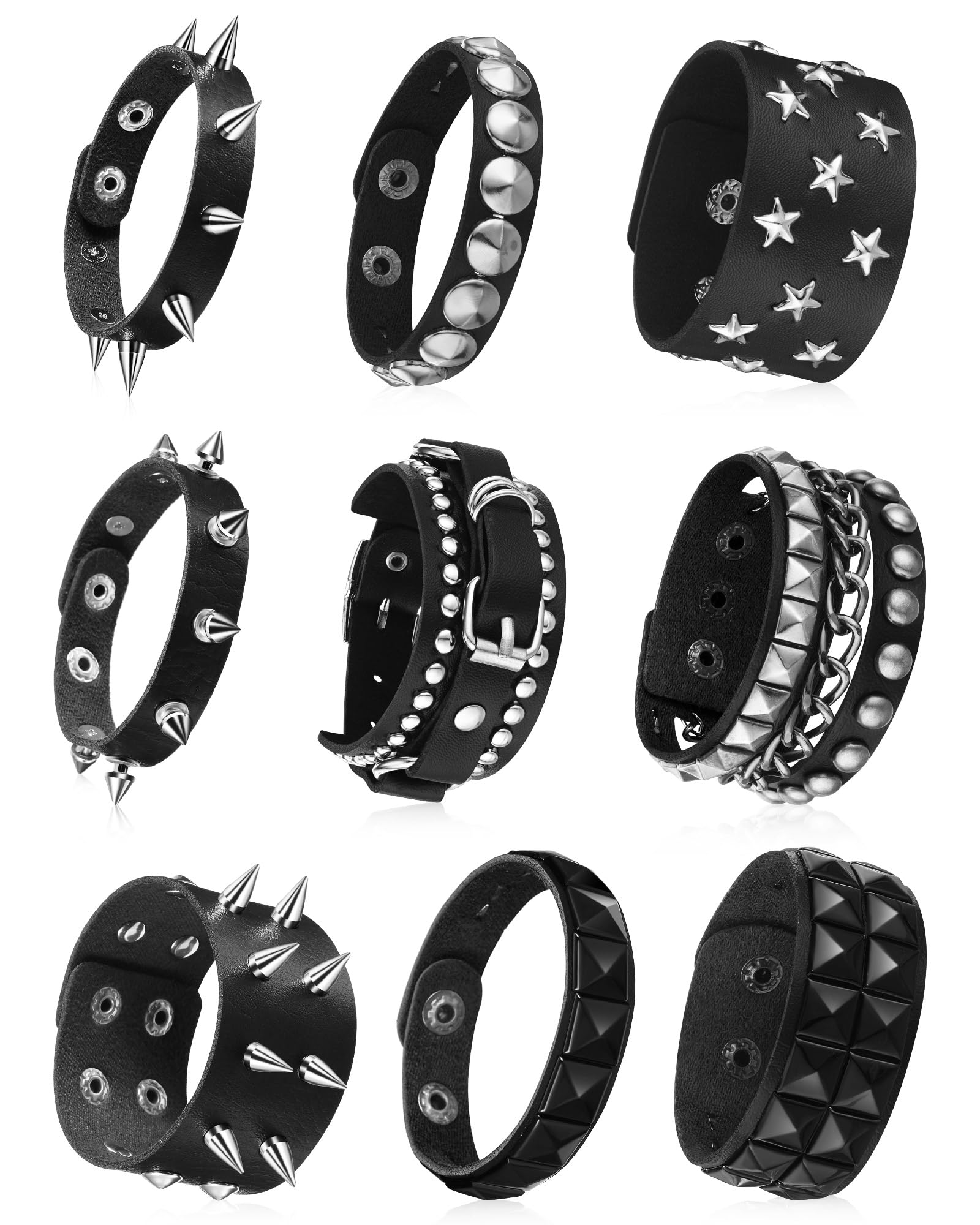 9 Pieces Spiked Studded Bracelet Black Leather Rivet Punk Bracelet Cuff Wrap Bangle Snap Button Metal Wristband for Men Women