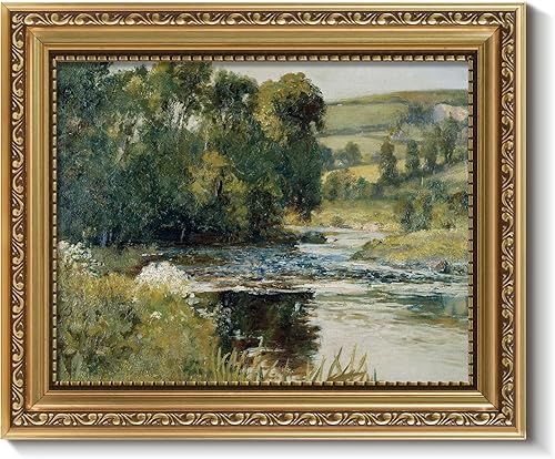 ARPEOTCY Arte de pared vintage enmarcado en oro, pinturas retro de la naturaleza Streamside, impresiones pequeñas de lienzo de 8 x 10 pulgadas, arte