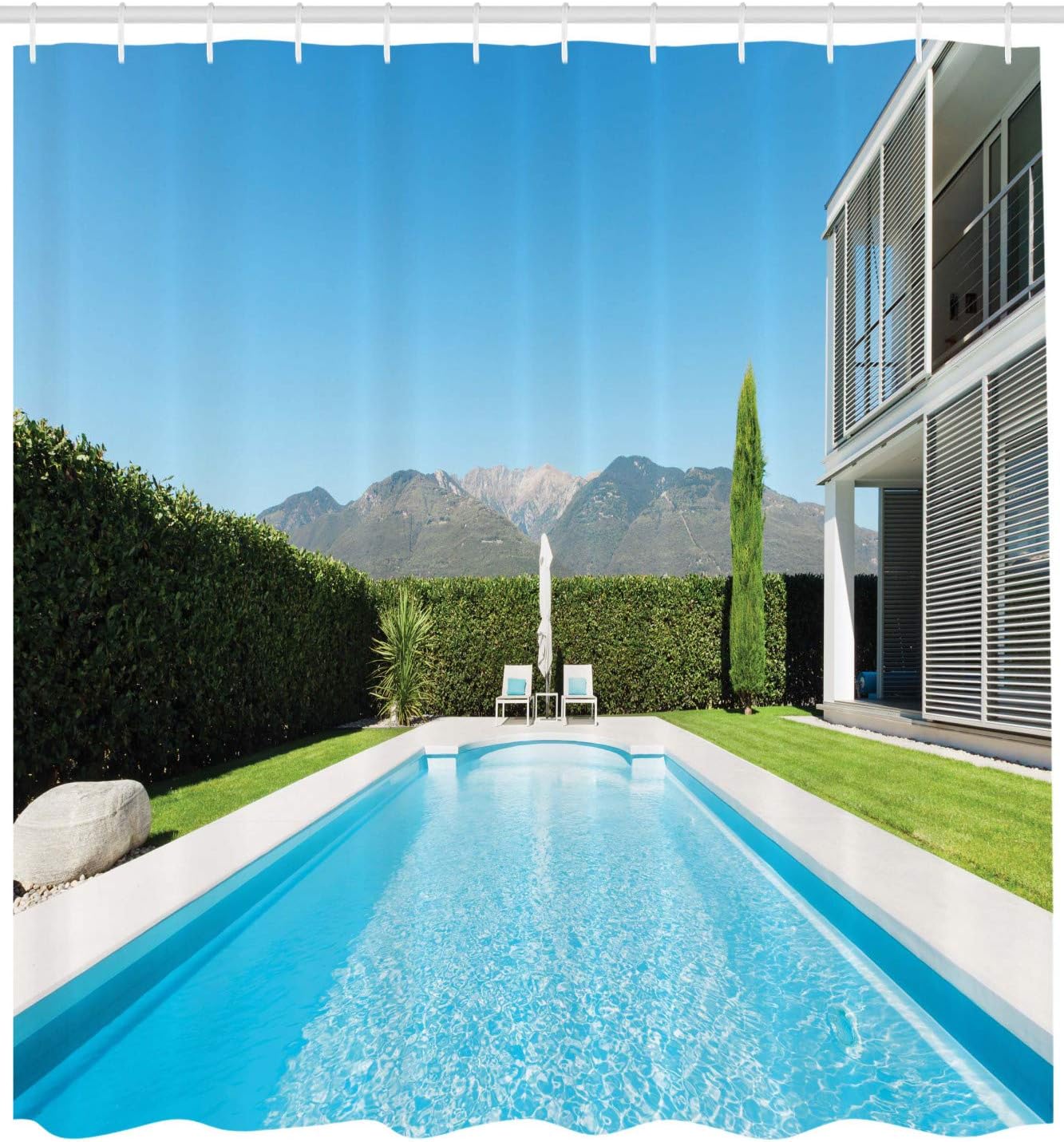 Ambesonne Modern Shower Curtain, Modern Villa with Pool View from The Garden Real Estate Contemporary Property, Cloth Fabric Bathroom Decor Set with Hooks, 69" W x 70" L, White Green