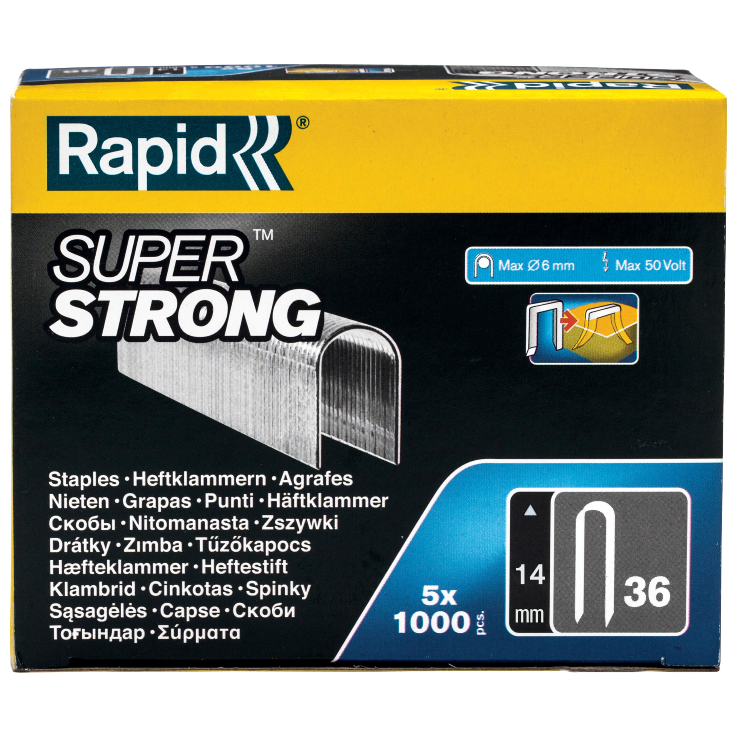 RAPID 5000512, Agrafes haute performance pour matériaux denses, couronne étroite N°36, longueur des branches 14mm, Pattes divergentes pour câbles, acier galvanisé avec revêtement résine, 5000 pièces