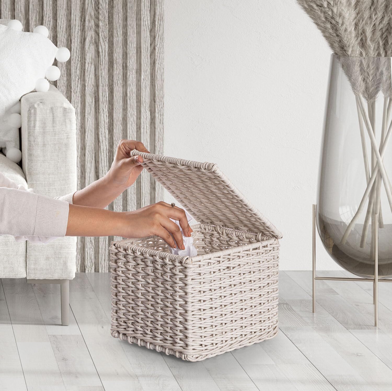 Spread Spain Waterproof Synthetic Rattan Dustbin - Premium Handwoven Waste Bin for Home, Office, Kitchen, Bathroom, Living Room & Outdoor Spaces - Off White